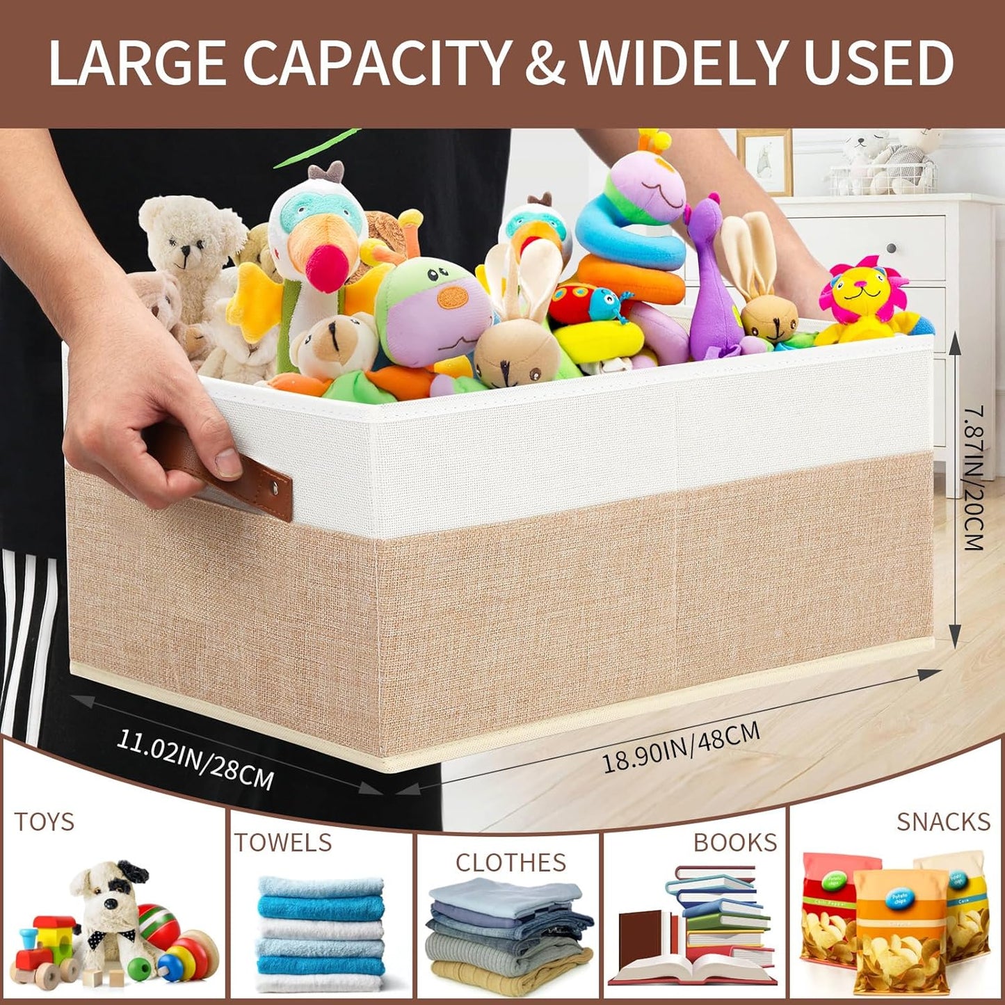 6 Pack Fabric Storage Bins, Large Storage Baskets for Shelves, Foldable Closet Organizer Storage Boxes with Leather Handles for Clothes, Sheets, Jeans, Toys, Books (Beige and White)