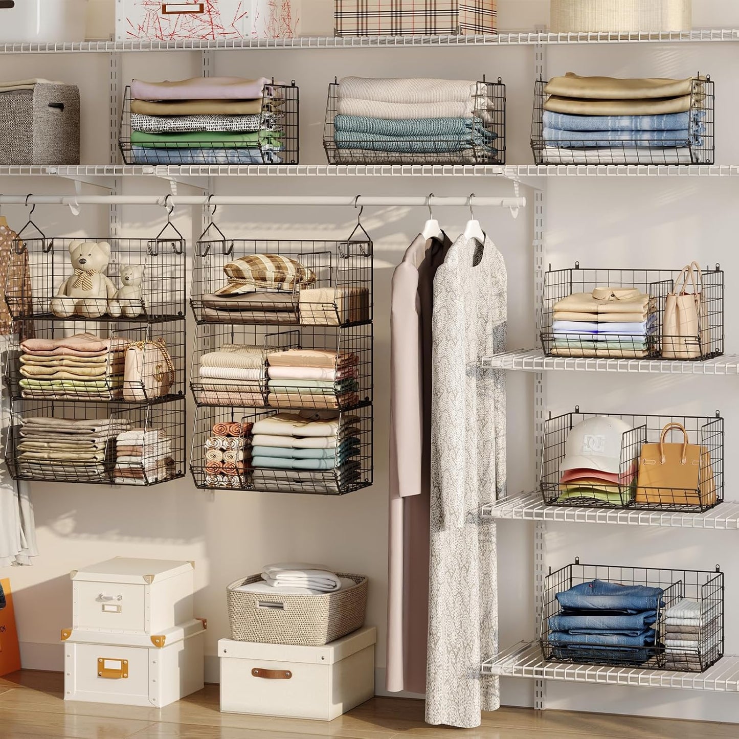 3 Tier Closet Hanging Shelves with Divider, Extra Large Closet Organizers and Storage, Clothes Hanging Organizer Clothing Sweaters Handbags Clutches Accessories