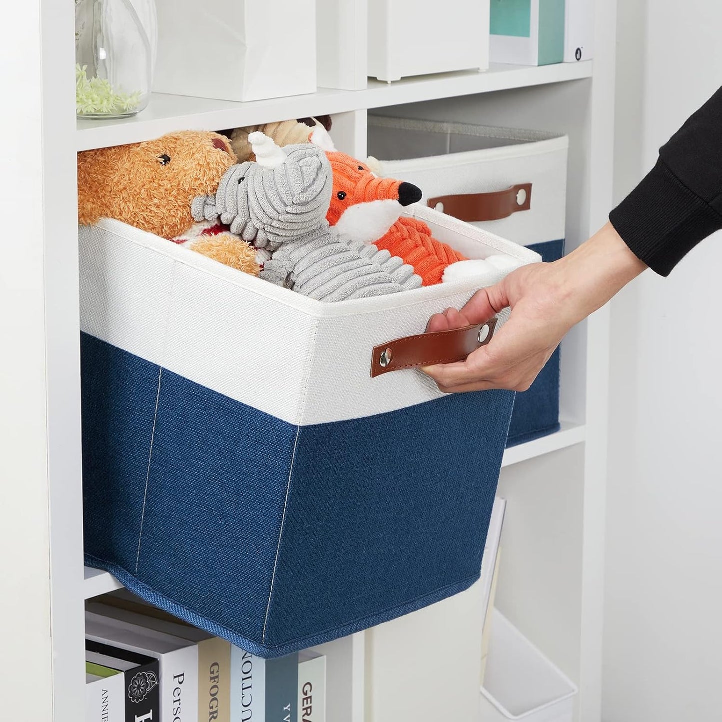 DULLEMELO Fabric Bins for Cube 11x11, Gift Baskets Empty for Boy Girl Mother Father Christmas Festival,Fabric Storage Bins Cube Organizer Baskets With Leather Handles(White&Blue)