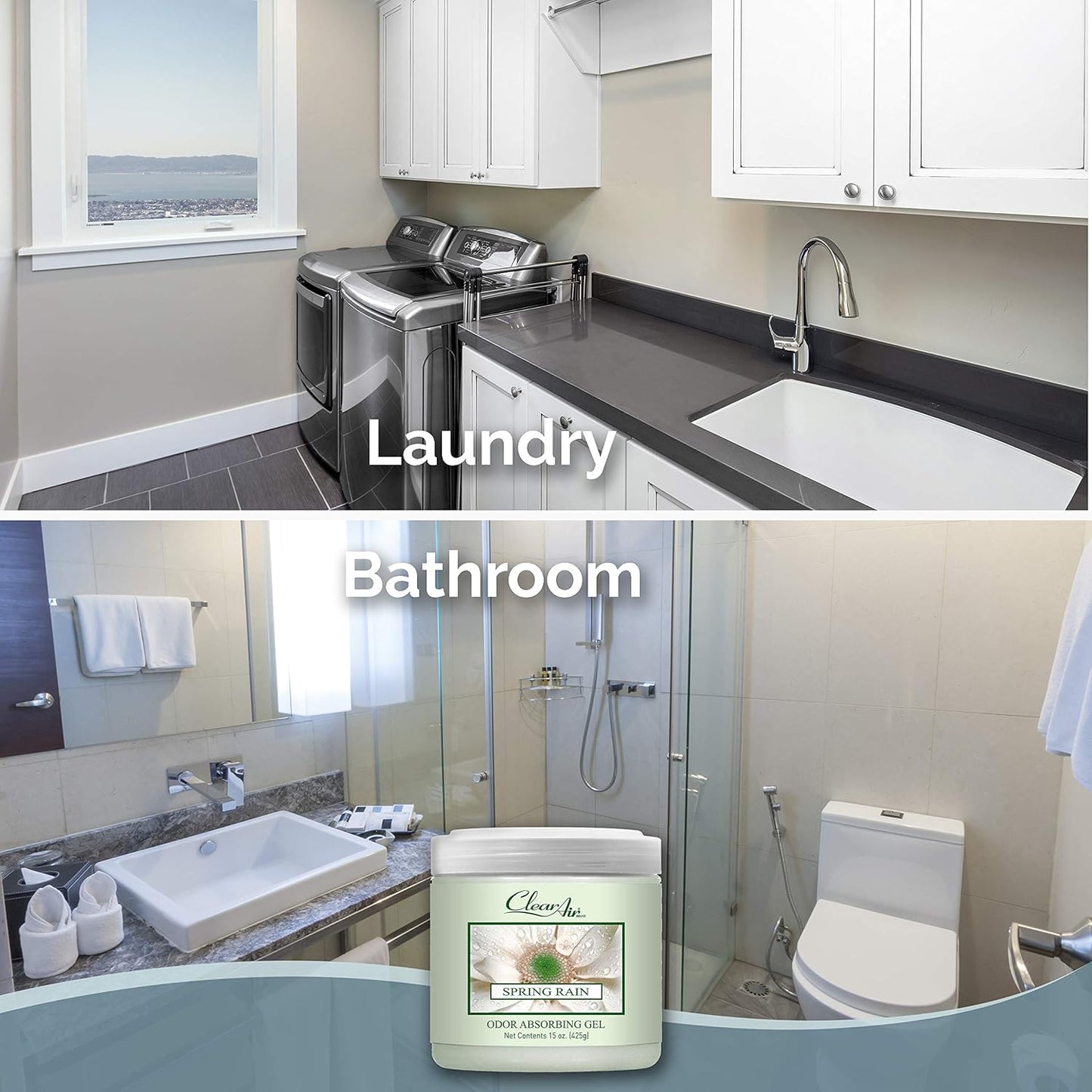 Clear Air Odor Absorber Gel - 15 oz, Pack of 2 - Air Freshener Absorbs and Eliminates Odors in Bathrooms, Cars, Boats, RVs and Pet Areas - Made with Essential Oils - Spring Rain Scent