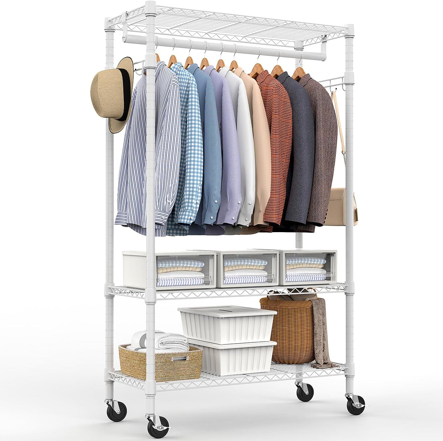 Heavy Duty Rolling Garment Rack 3 Tiers Adjustable Wire Shelving Clothes Rack with Rods and Side Hooks,Storage Closet Clothing Rack with Wheels White 15.7" D x 29.5" W x 74.5" H