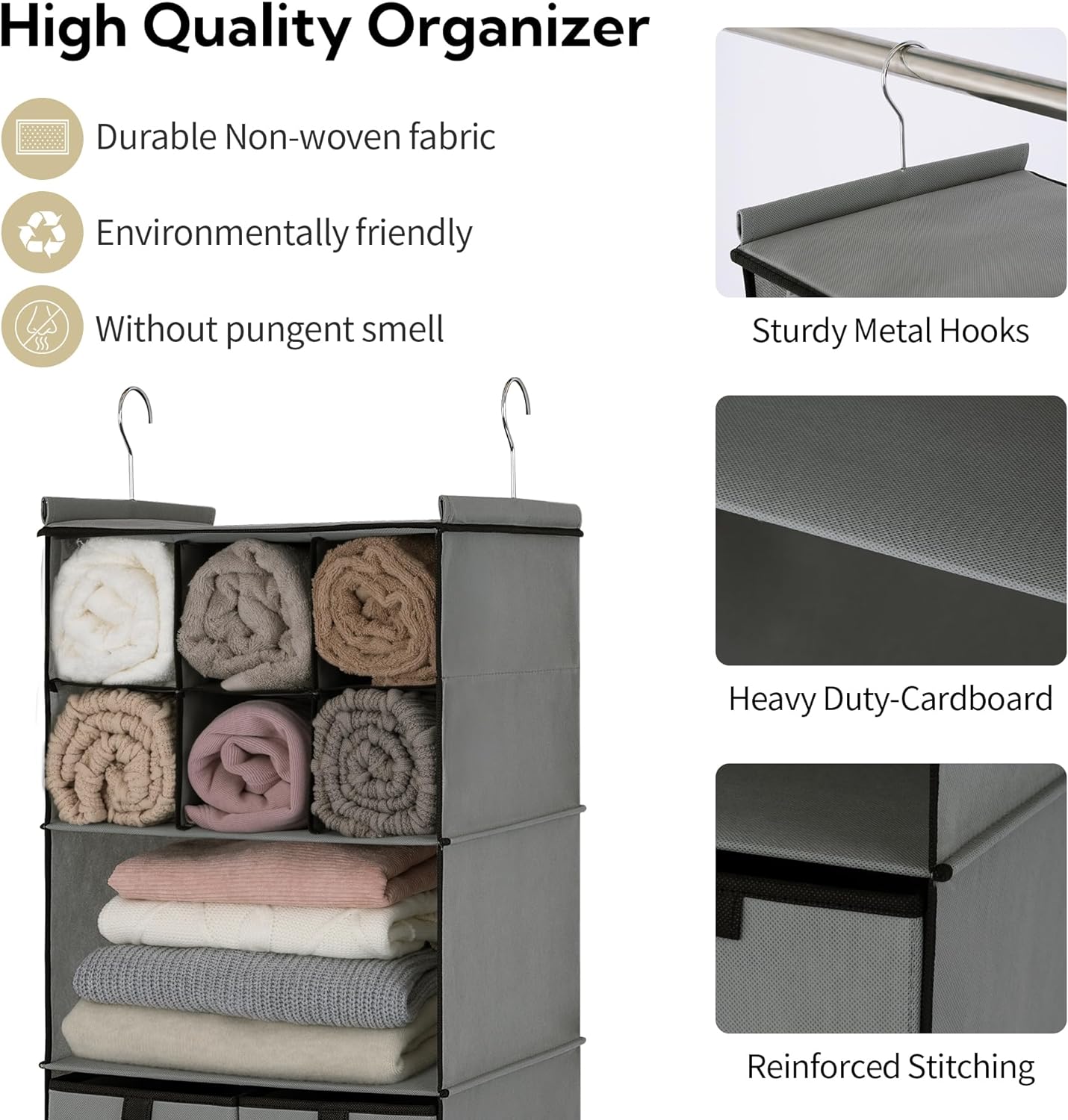 GRANNY SAYS Hanging Closet Organizer with Drawers, 4 Shelf Dividers Closet Hanging Organizer, Foldable Hanging Shelves for Wardrobe Closet, Small Closet Organizers for Clothes Shoes, Grey