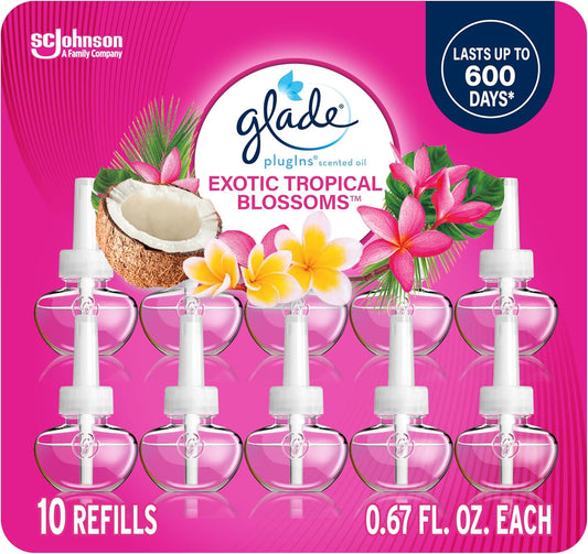 Glade PlugIns Refills Air Freshener, Scented and Essential Oils for Home and Bathroom, Exotic Tropical Blossoms, 6.7 Fl Oz, 10 Count (Packaging May Vary)