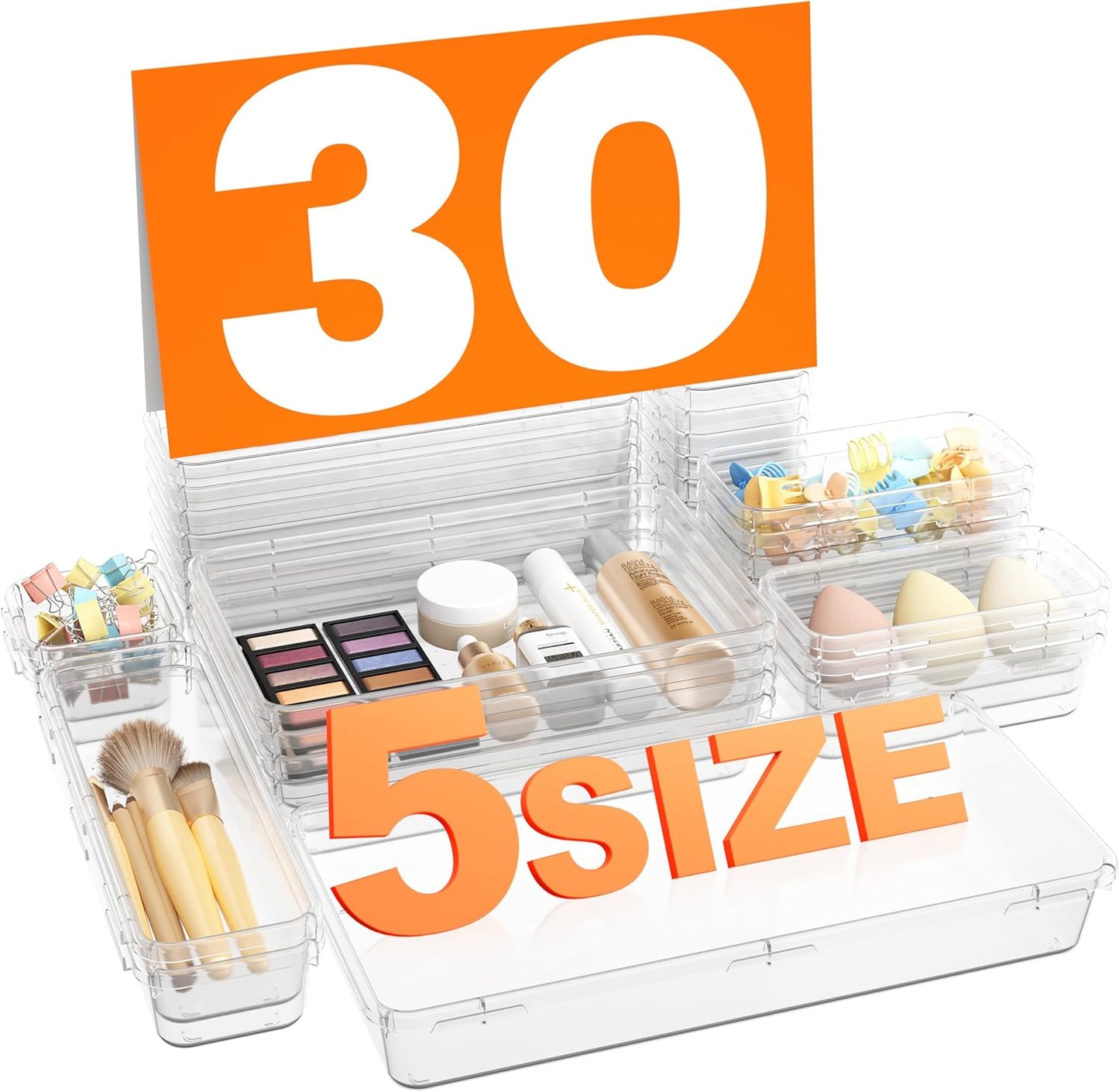 A-LuGei 【Military Grade】 Drawer Organizer, 【𝟱𝗦𝗶𝘇𝗲】 Clear Makeup organizer, 【Holds 177 Items】 Bathroom Organizers and Storage, Plastic Desk Organizer Divider, Organizer Bins for Office Vanity