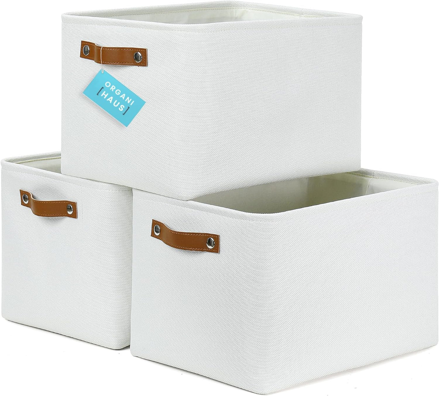 OrganiHaus Large Fabric Storage Baskets for Shelves 3 Pack, 15x11in Closet Storage Bins for Shelves, Cloth Baskets for Organizing, Linen Closet Organizers, Fabric Basket - Off-White