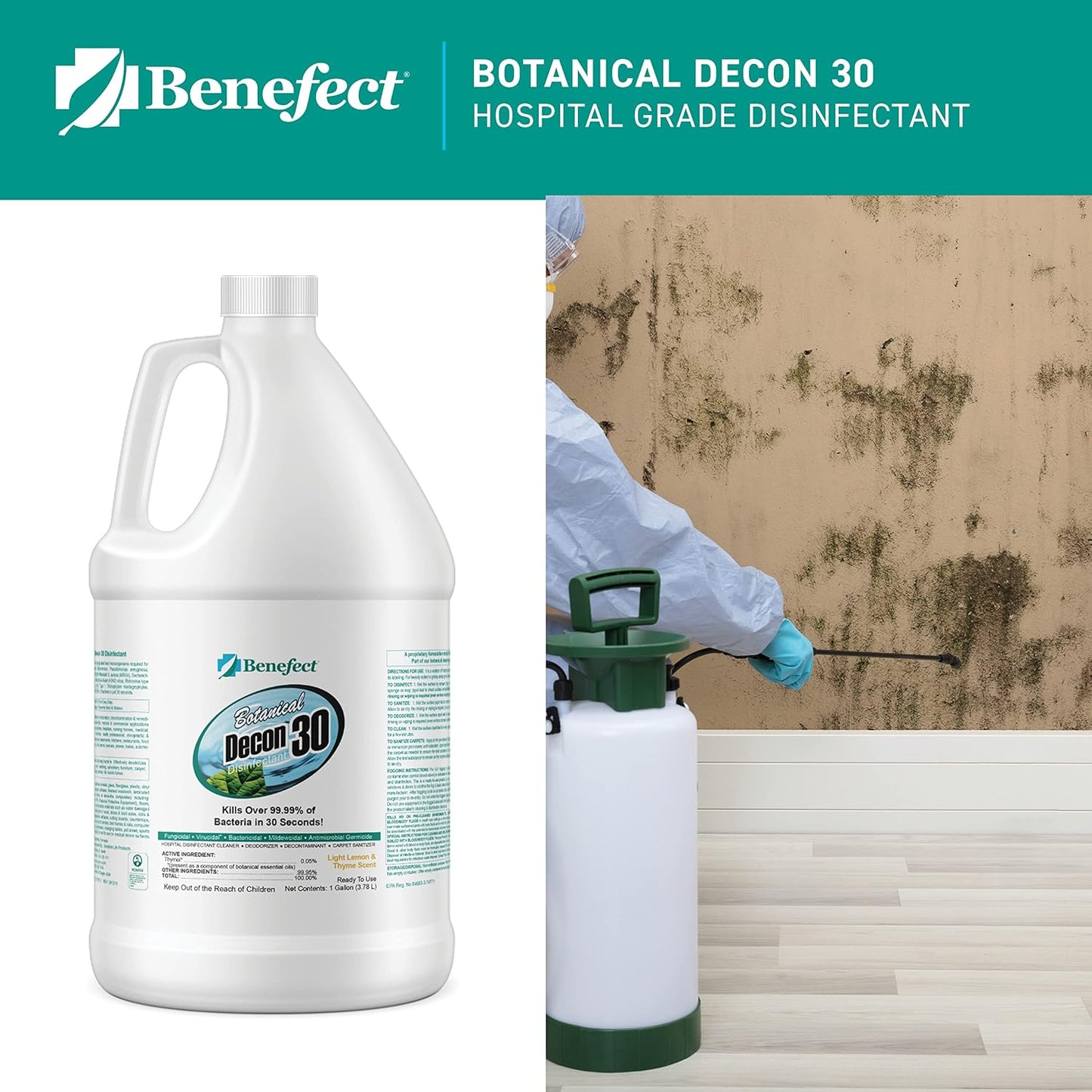 Benefect Botanical Decon 30 Disinfectant Cleaner - All Natural Formula for Effective Cleaning Power - Ideal for Restoration Jobs & Water Damage - 20476 - 1 Gallon