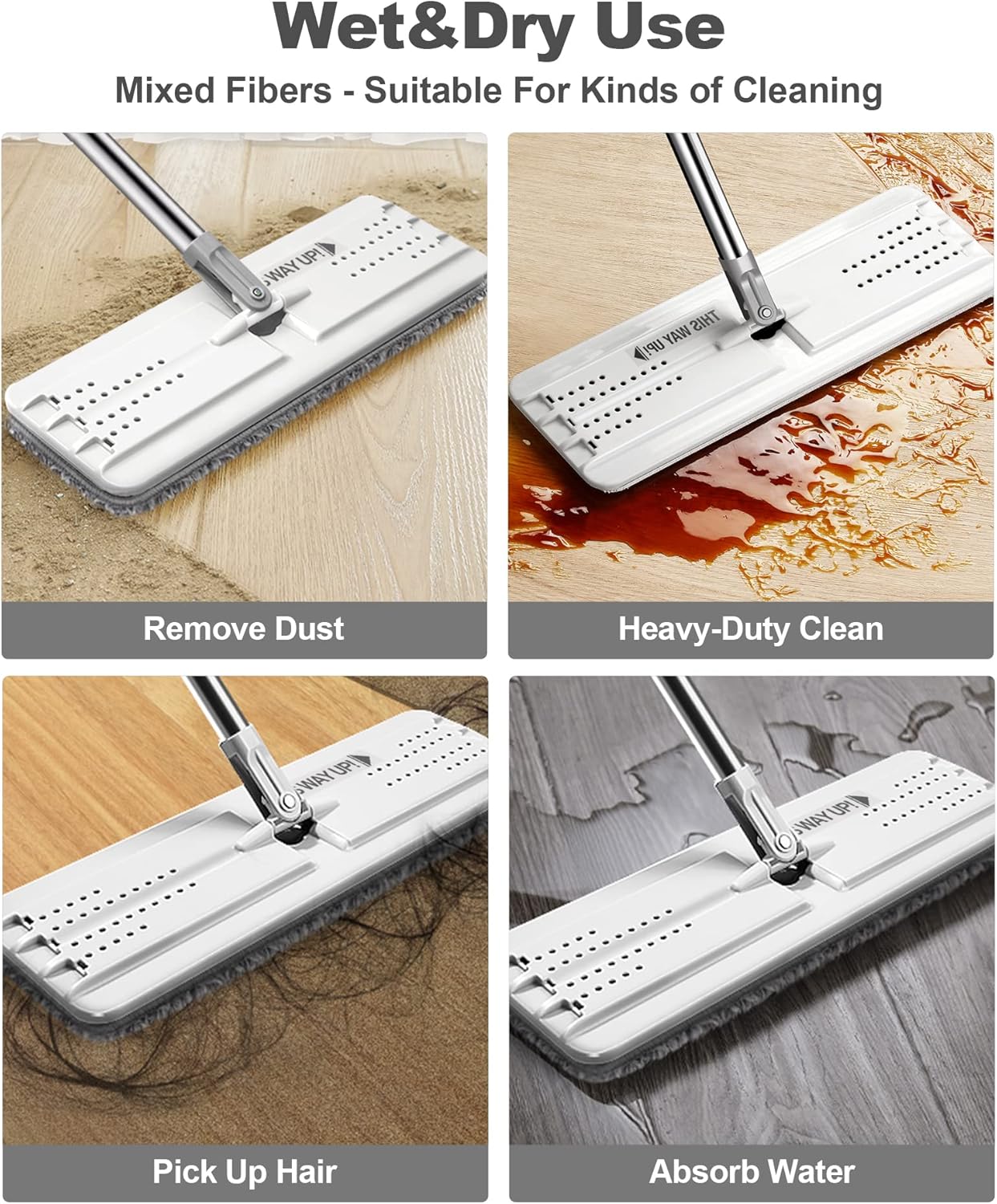 JOYMOOP Flat Mop Pads, Microfiber Mop Cleaning Pads, Washable Pads, Pads Replacement Flat Mop or Mop Bucket Set, Pack of 4 Refills 15inch - Grey and Stripe