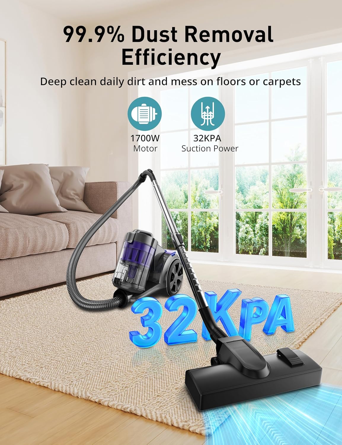 Aspiron 1700W Canister Vacuum Cleaner, 32Kpa Bagless Vacuum Cleaner, Multi-Cyclonic Filtration, 2 Anti-Allergen HEPA Filters, 3.5QT Dust Cup, 4 Tools, Corded Vacuum for Hard Floor, Pet Hair, Lavender