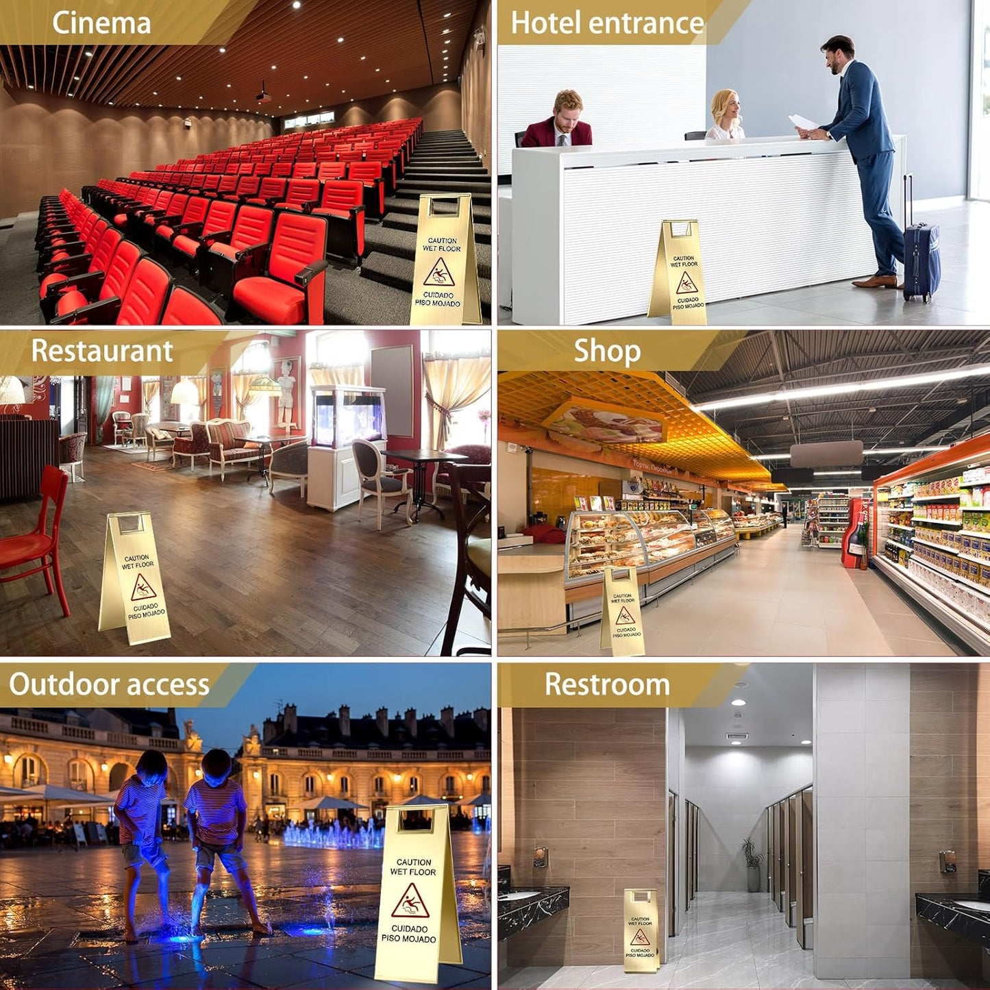 8 Pcs 24 Inch Stainless Steel Wet Floor Sign 8.8 Pound Caution Wet Floor Sign Bulk Double Sided Portable Foldable Bilingual Safety Warning for Kitchen Restaurant Restroom Avoid Fall(Gold)