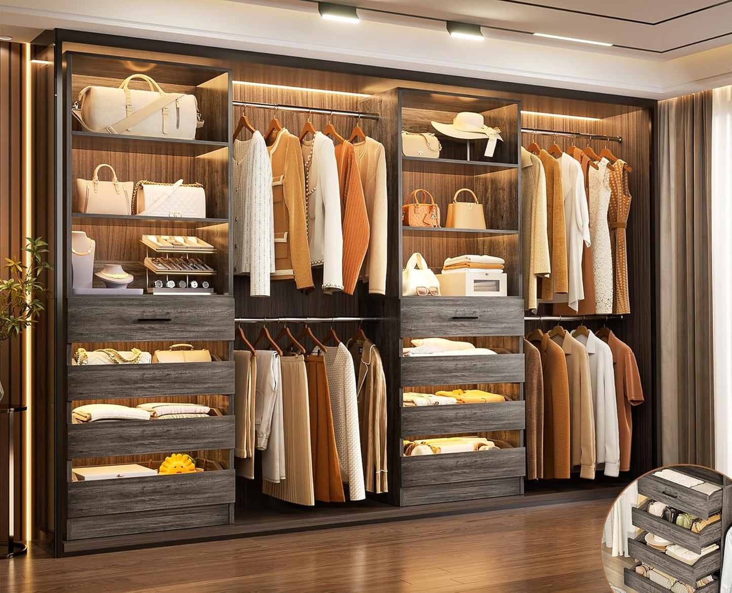 Aheaplus Closet System, 6-15Ft Closet Organizer with 8 Wooden Drawers, Wood Closet Organizer System with Tower, Walk-in Closet Organizer Wardrobe Garment Clothes Rack with 4 Hanging Rods, Black Oak