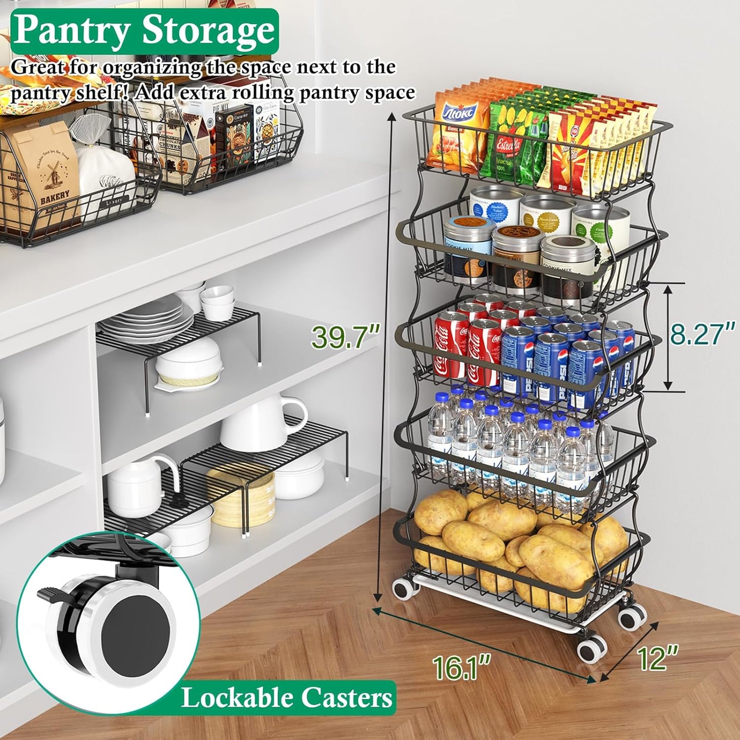 5 Tier Fruit Basket for Kitchen, Stackable Bins Wire Rack with Wheels, Fruit and Vegetable Storage Basket Pantry Food Snack Organizer Shelf, Kitchen Storage Cart for Onion and Potato, Produce