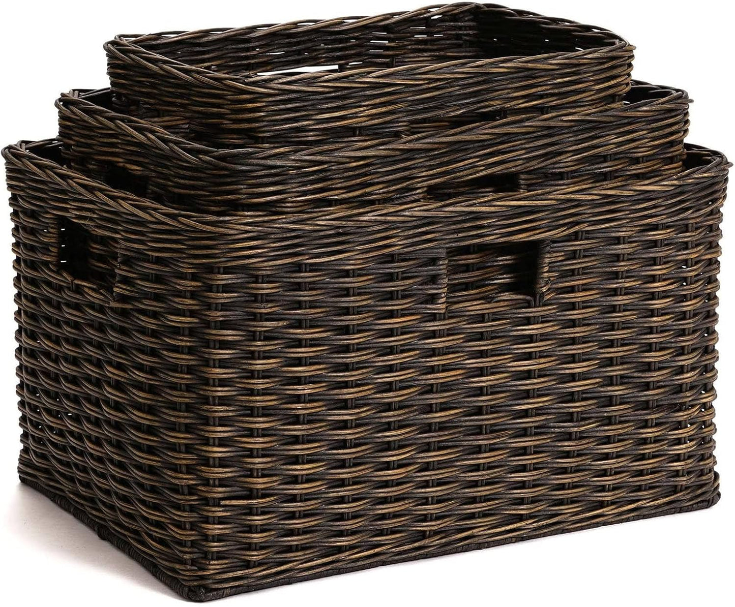 The Basket Lady Tall Rectangular Wicker Storage Basket, Large, 22.5 in L x 16 in W x 12.5 in H, Antique Walnut Brown