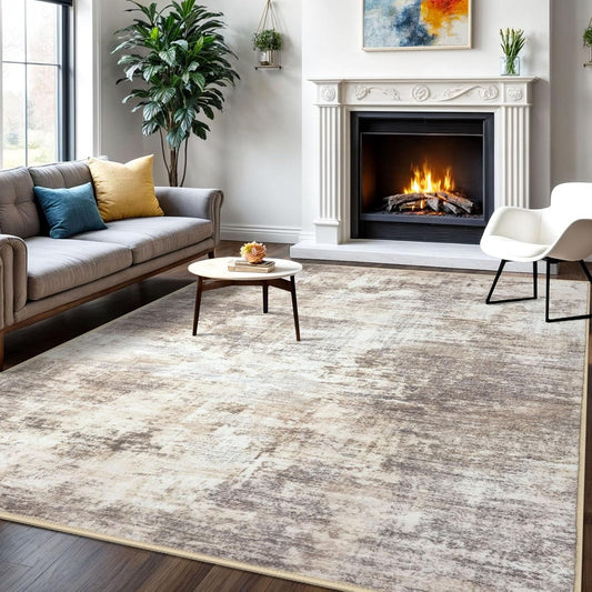 IOHOUZE Abstract Area Rugs 6x9 Ft Washable Rugs for Living Room, Non Slip Dining Room Rug Printed Faux Wool Rugs for Bedroom, Floor Carpet for Office Nursery Playroom, Beige Brown