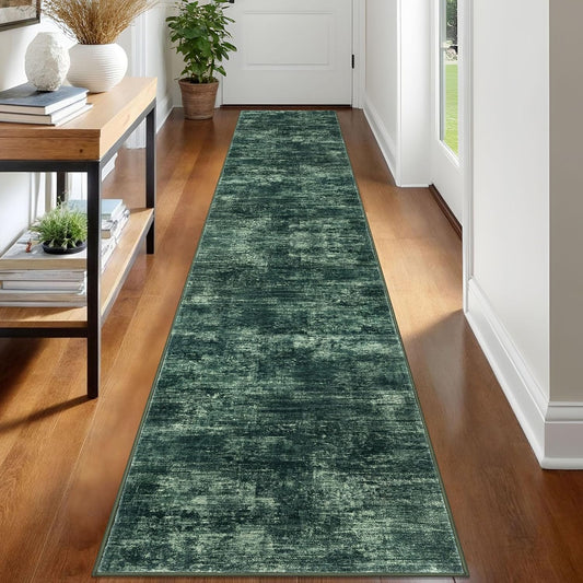 IOHOUZE Abstract Runner Rug 2x12 Ft Washable Runners for Hallways, Non Slip Kitchen Runner Printed Faux Wool Entryway Runner Indoor, Modern Abstract Floor Carpet for Hall Kitchen, Dark Green