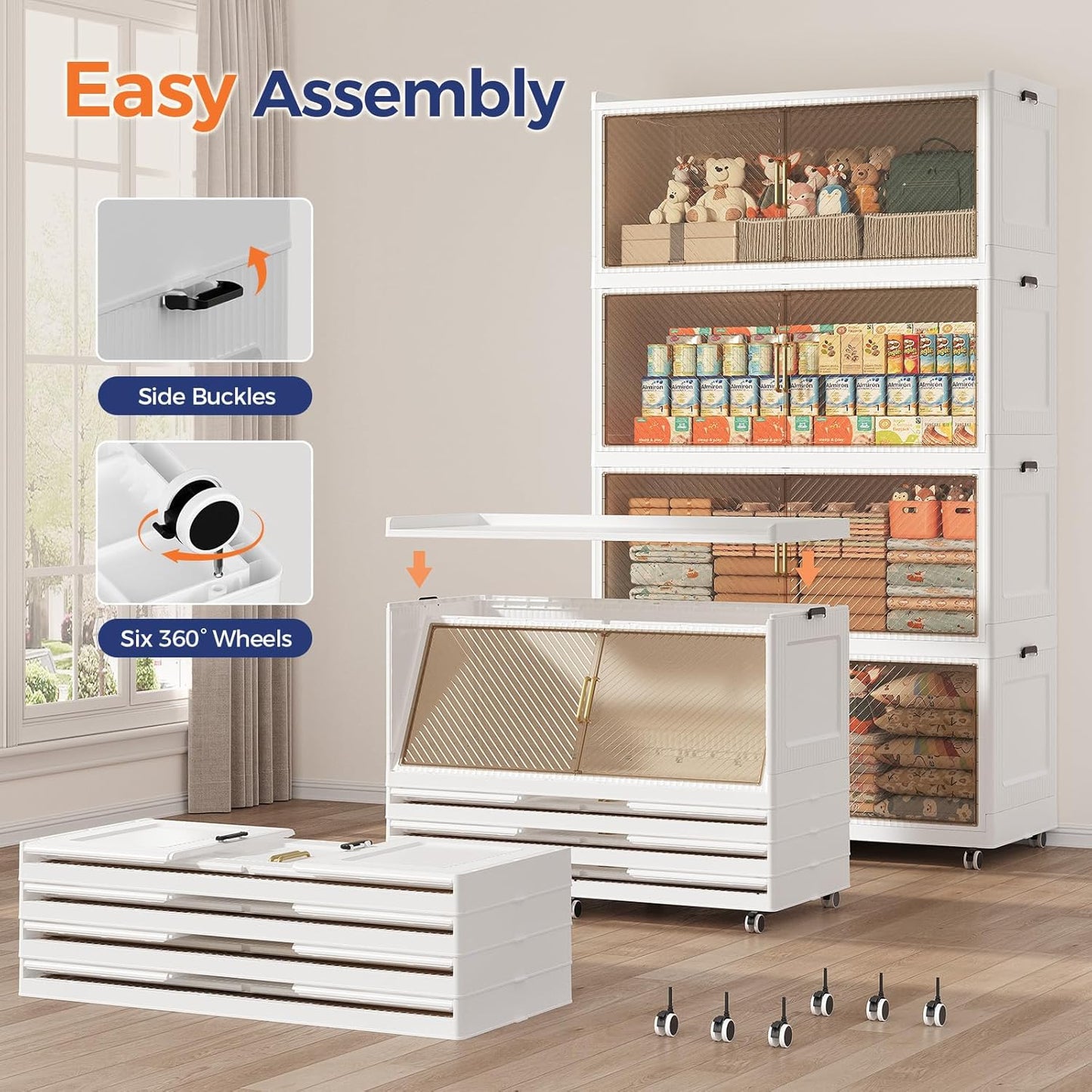 150GAL Extra Large Storage Bins with Lid, 600QT Collapsible Organizer with Wheels, Stackable Closet Cabinet with Doors, Folding Storage Containers for Home, Office, Dorm, 3Pack White