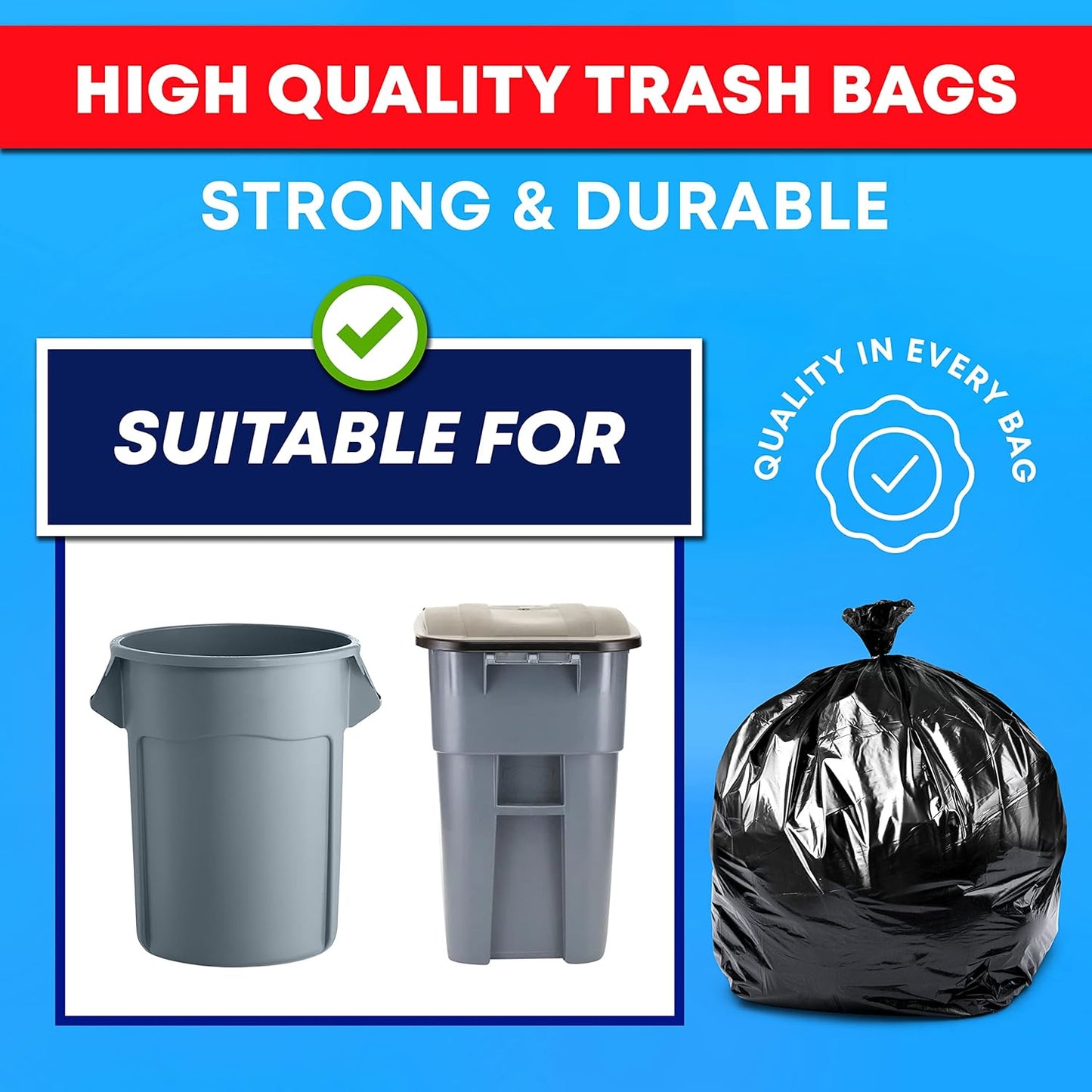 Tasker 65 Gallon Trash Bags for Toter, (Value-Pack 32 Count w/Ties) Extra Large 64 Gallon Heavy Duty, 60 Gal Trash Bags Outdoor Garbage Can Liner for Custodians