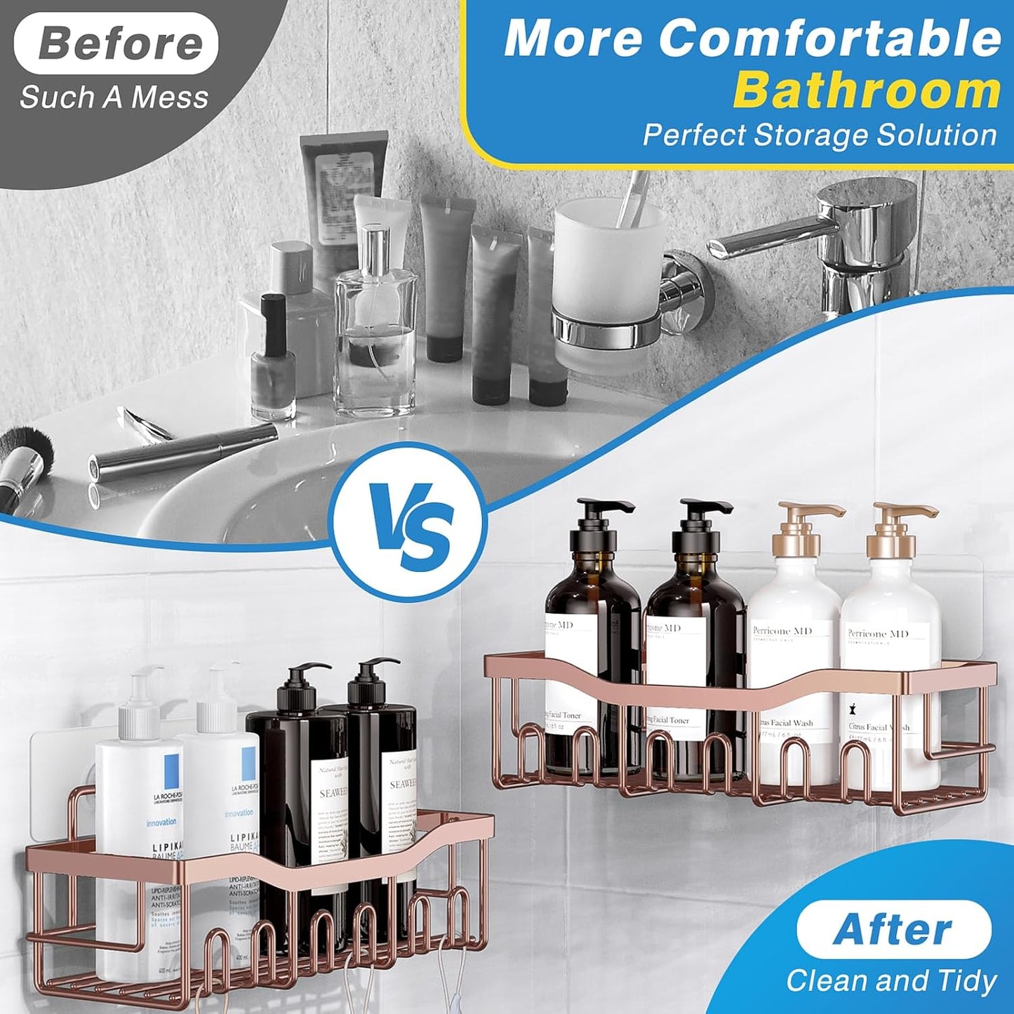 EUDELE 5-Pack Rustproof Stainless Steel Shower Caddy – No Drill Adhesive Bathroom Organizer with Large Capacity, Spacious Shower Shelves for Inside Shower, Kitchen & Home Decor Storage-XL Size