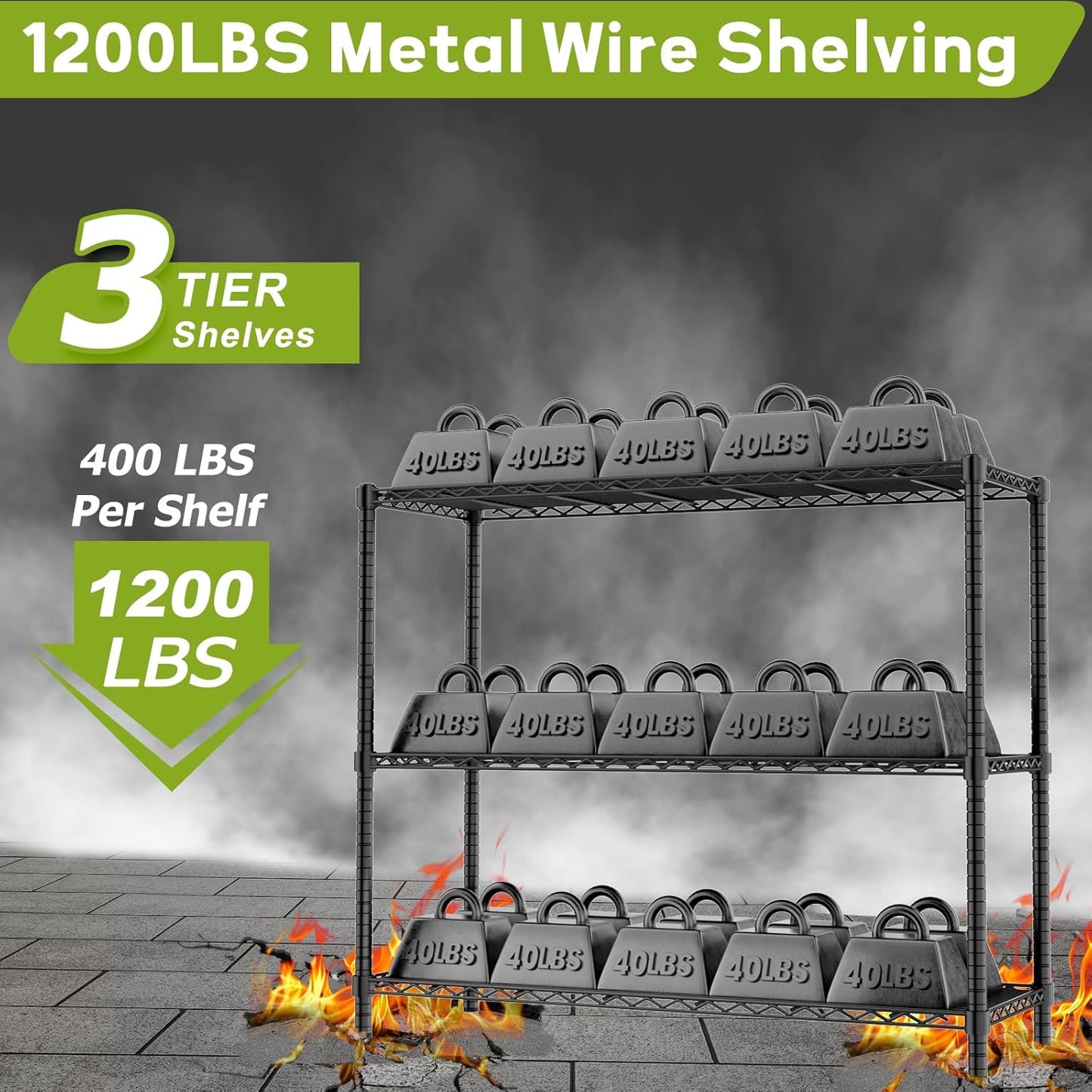 Storage Shelves, 2 PCS 48" L x 20" W x 47" H Heavy Duty Garage Wire Shelving Unit Loads 1200LBS, 3-Tier Adjustable Metal Industrial Utility Shelf Rack for Kitchen, Laundry Room, Basement