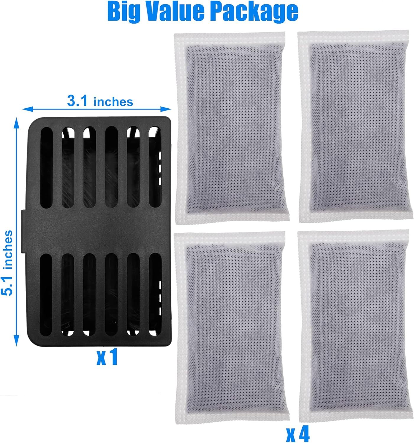 Activated Charcoal Odor Absorbing Filter Refill Deodorizer Compatible with iTouchless Trash Cans 8 Gallon and Larger (4 Large Filters+ 1 Compartment) (Black)