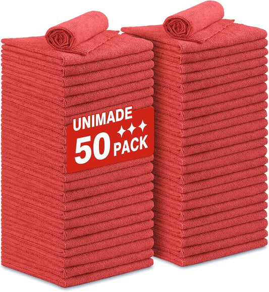 Shop Towels Rags, 50 Pack Reusable Shop Rags Bulk Microfiber Cleaning Cloth Lint Free Cleaning Towels for Car Kitchen Automotive Bar Mechanic Restaurant Garage, 11.5"x 11.5", Red