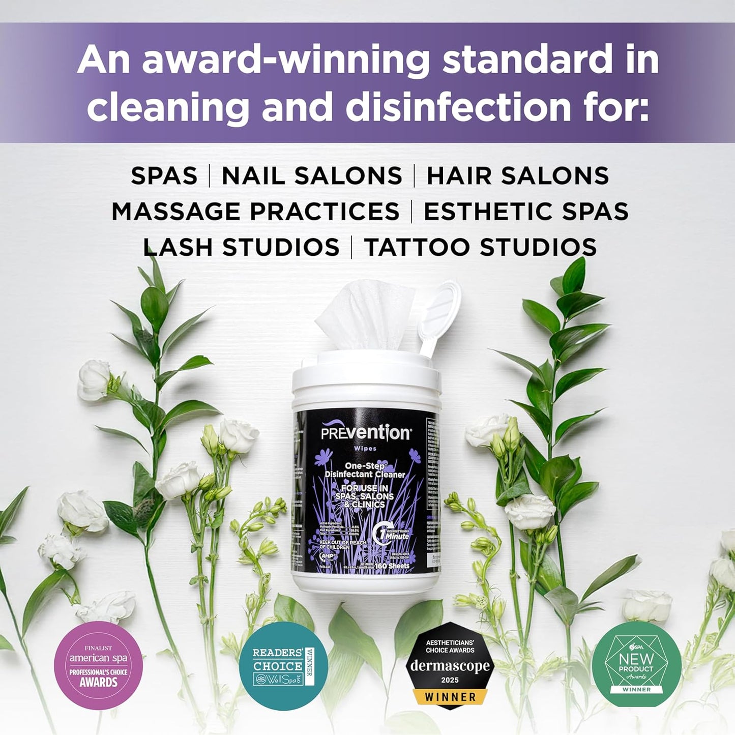 Prevention All Purpose Disinfectant Wipes – Canister of Cleaning Wipes for Salons, Spas, Wellness Centers and Yoga Studios – Hospital Grade Surface Sanitizing – 160 Count