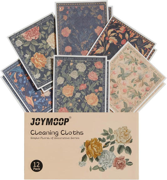 JOYMOOP 12 Pack Decorate Cleaning Cloth (Simple Floral of Decorative Series), Reusable Absorbent Dish Towels, Non-Scratch Washable Rags for Cookware, Kitchen and Household Cleaning - 6.7×7.9 inch