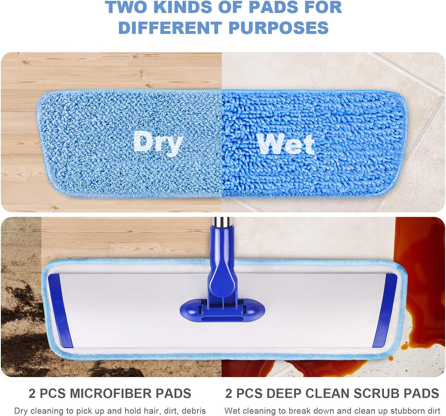 18" Professional Microfiber Mop Floor Cleaning System, Flat Mop with Stainless Steel Handle, 4 Reusable Washable Mop Pads, Wet and Dust Mopping for Hardwood, Vinyl, Laminate, Tile Cleaning