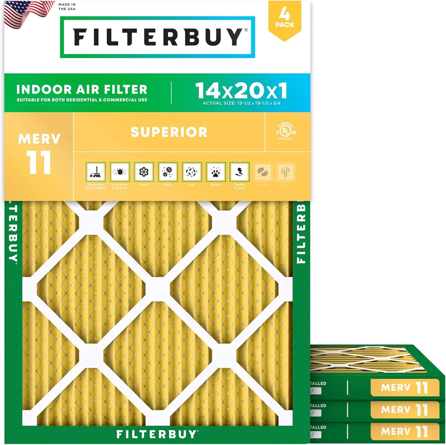 Filterbuy 14x20x1 Air Filter MERV 11 (MPR 1200) Allergen Defense Replacement (4-Pack), Electrostatic Pleated HVAC AC Furnace Filters, Made in USA (Actual Size: 13.50 x 19.50 x 0.75)