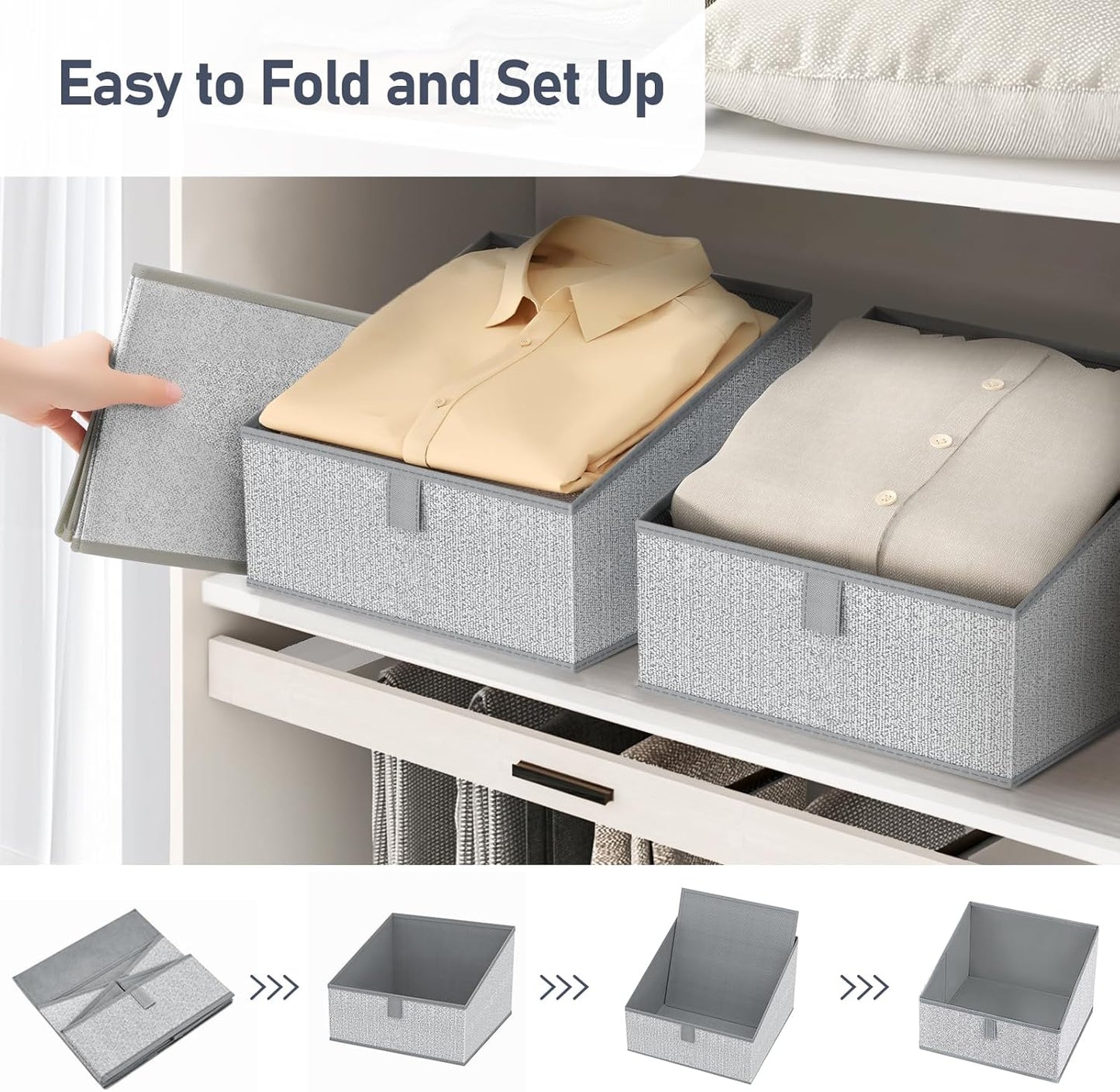 DIMJ Closet Storage Bins 6 Pack - Fabric Trapezoid Closet Organizer Bin, Foldable Storage Baskets for Shelves, Closet Shelf Organizer, Clothing Storage Box for Toys, Books, Towel, Clothes, Gray