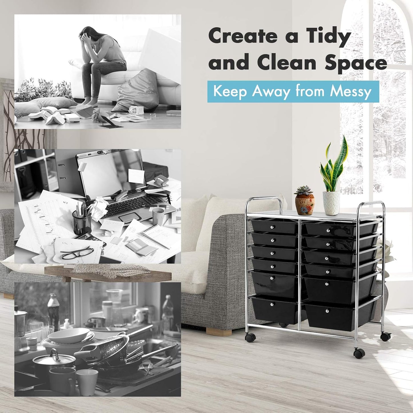 GOFLAME 12-Drawer Rolling Storage Cart, Multipurpose Organizer Cart with 2 Sizes Plastic Drawers, Mobile Utility Cart with Lockable Casters for School, Home Office, Beauty Salon, Black