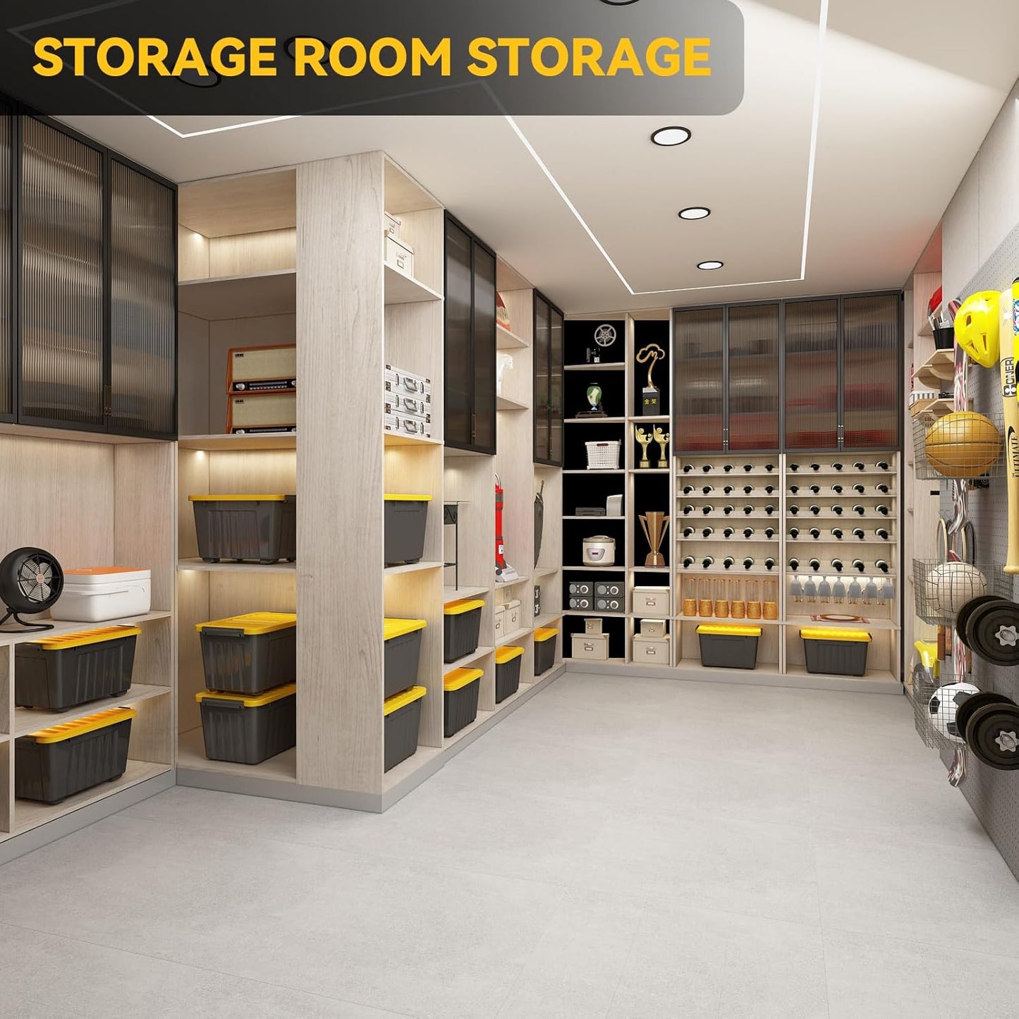 Nazhura 97 Quart Plastic Storage Bin, Stackable and Nestable Storage Boxes with Yellow Lids and Secure Latching Buckles, Large Storage Container (Black/Yellow, 97Quart-4Pack)