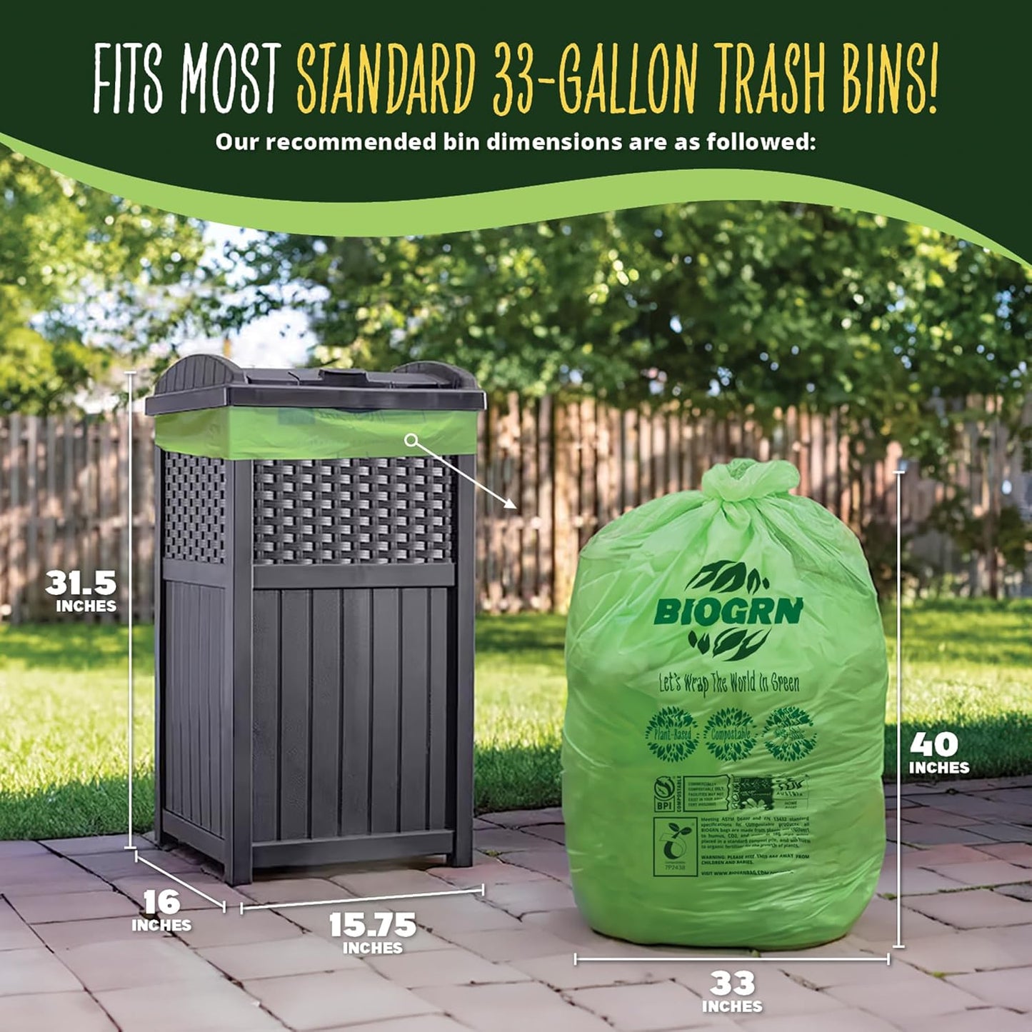 30-33 Gallon Compostable Trash Bags Flat-Top 30 Bags Heavy Duty1.57 Mil, 124.92 Liter Large Lawn and Yard Waste Bag green for Outdoor Garden ASTM D6400, US BPI and OK Compost Home Certified