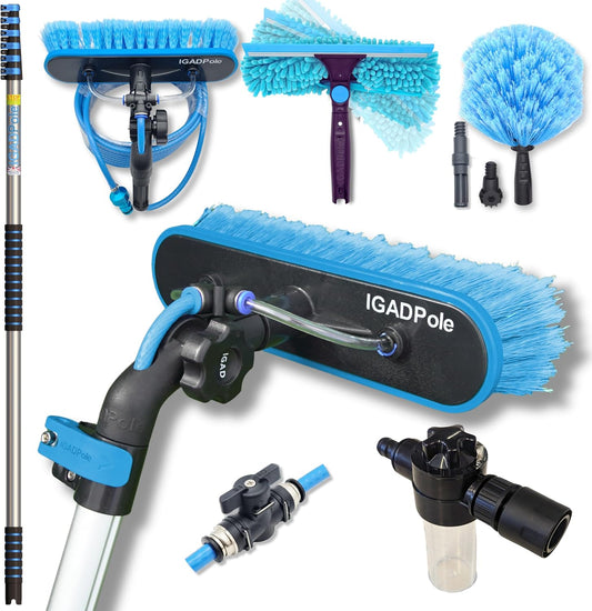 24ft IGADPole Washing Kit: Water-fed Brush, Cobweb Duster and 10” Squeegee and Soap Dispenser, with 6-Stage Telescoping Pole 5-24ft Pole