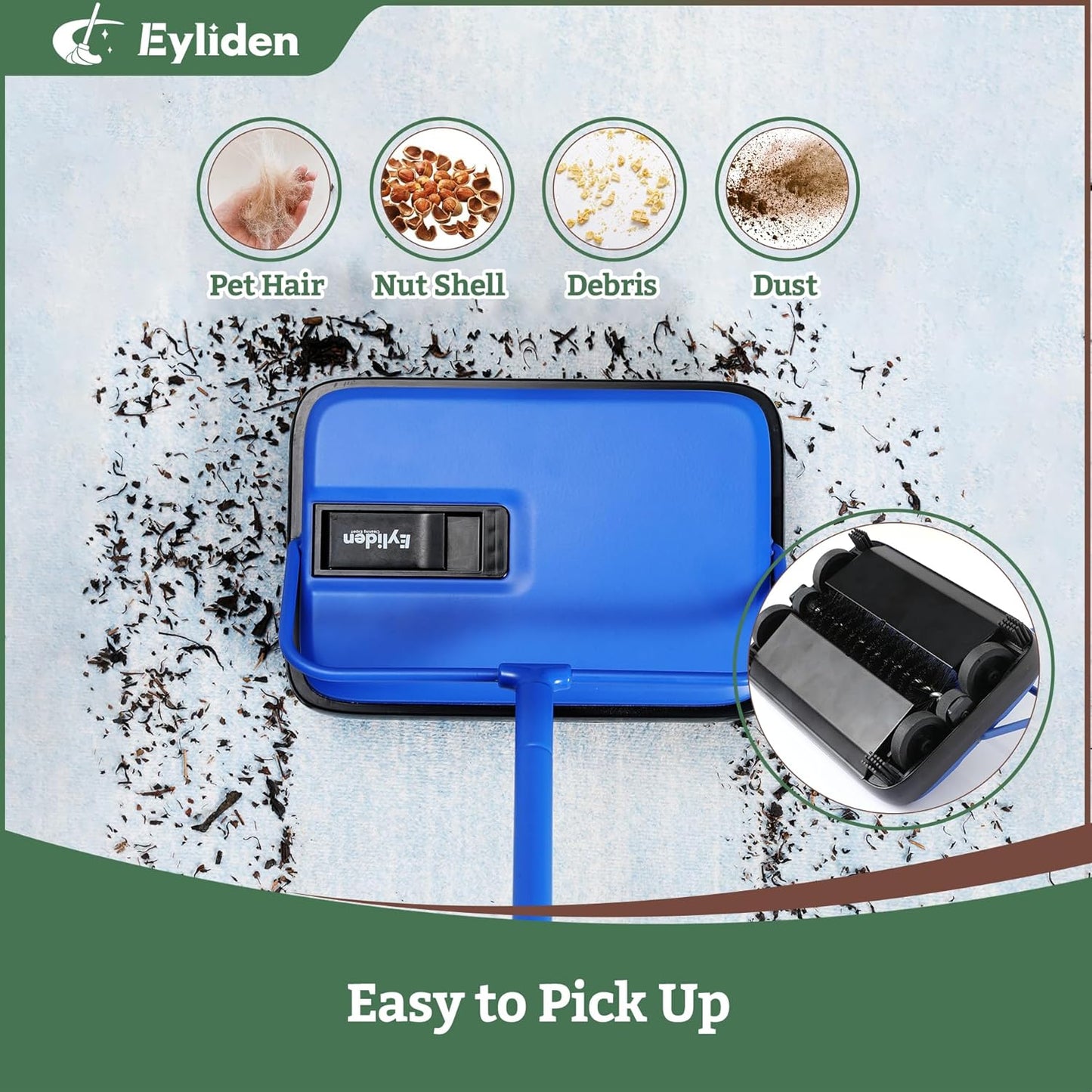 Eyliden Carpet Sweeper, Mini Size Lightweight Hand Push - No Noise, Non-Electric, Easy Manual Sweeping Only for Carpet Cleaning (Blue)