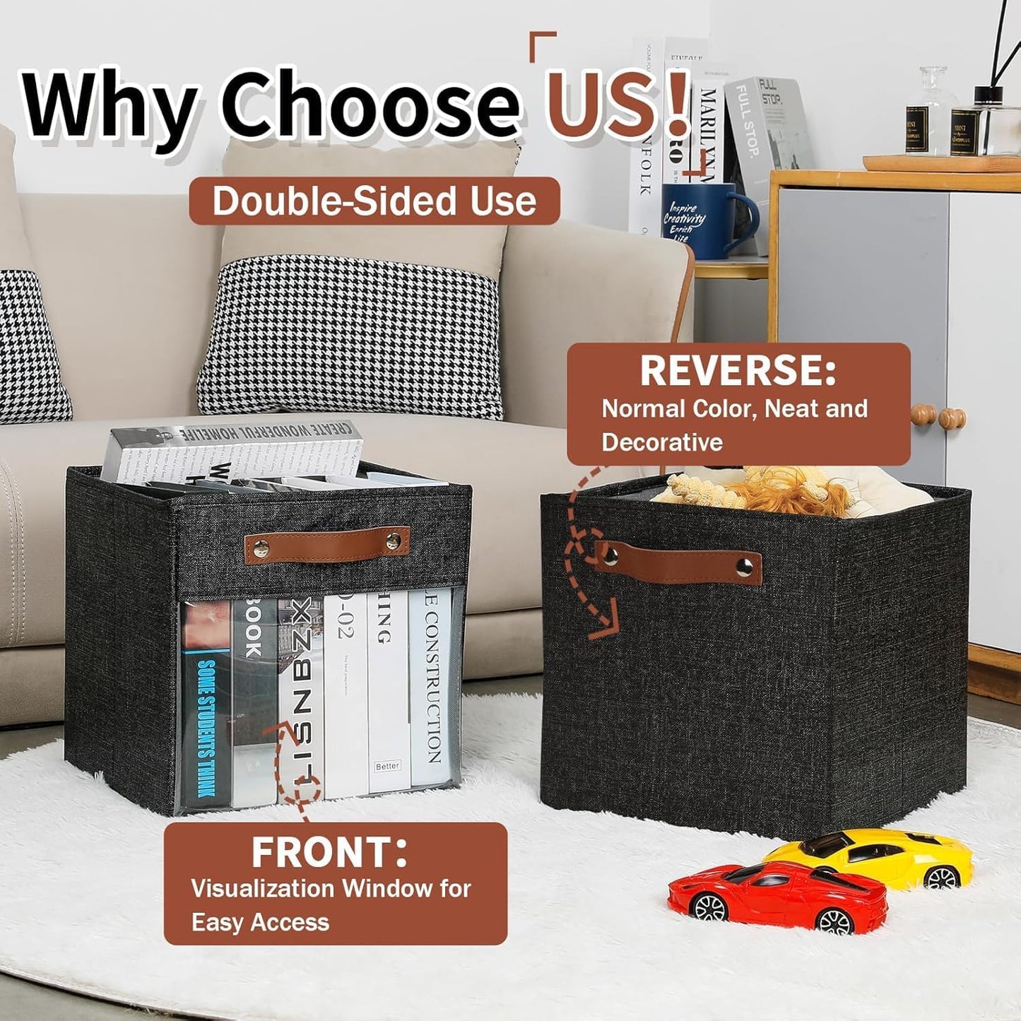 HNZIGE Fabric Cube Storage Bins 11 x 11, Collapsible Storage Cubes Bins for Storage Shelves,Foldable Cube Storage Bins for Storage, Cubby Closet Clear Bins for Storage Blanket(Prints Black 6PCS)