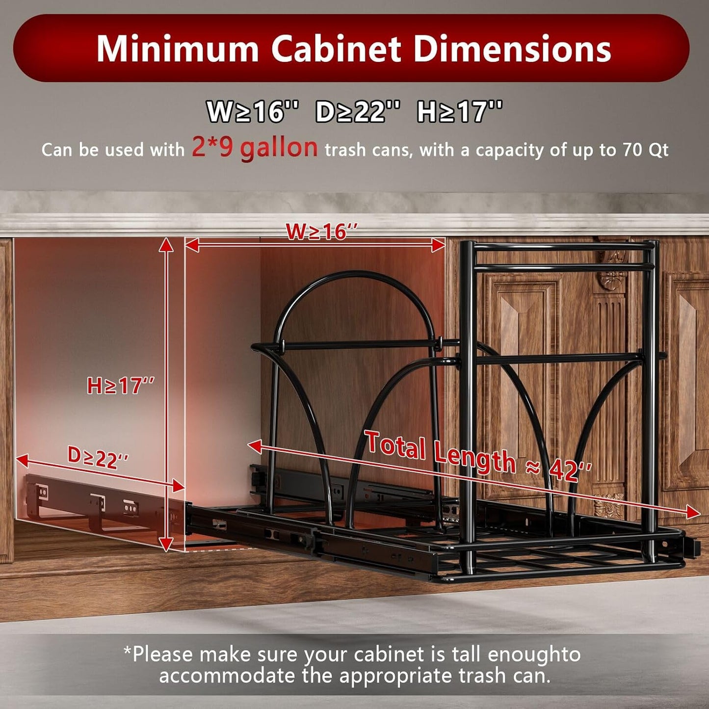 Dual Under Sink Trash Can Heavy Duty Pull Out Trash Can Under Cabinet, Fits 2x35Qt (7-9 Gal) Commercial Trash Cans Cabinet Trash Bin Pull Out Kit Requires ≥ 22''Dx 16''Wx 17''H, No Can (Black)