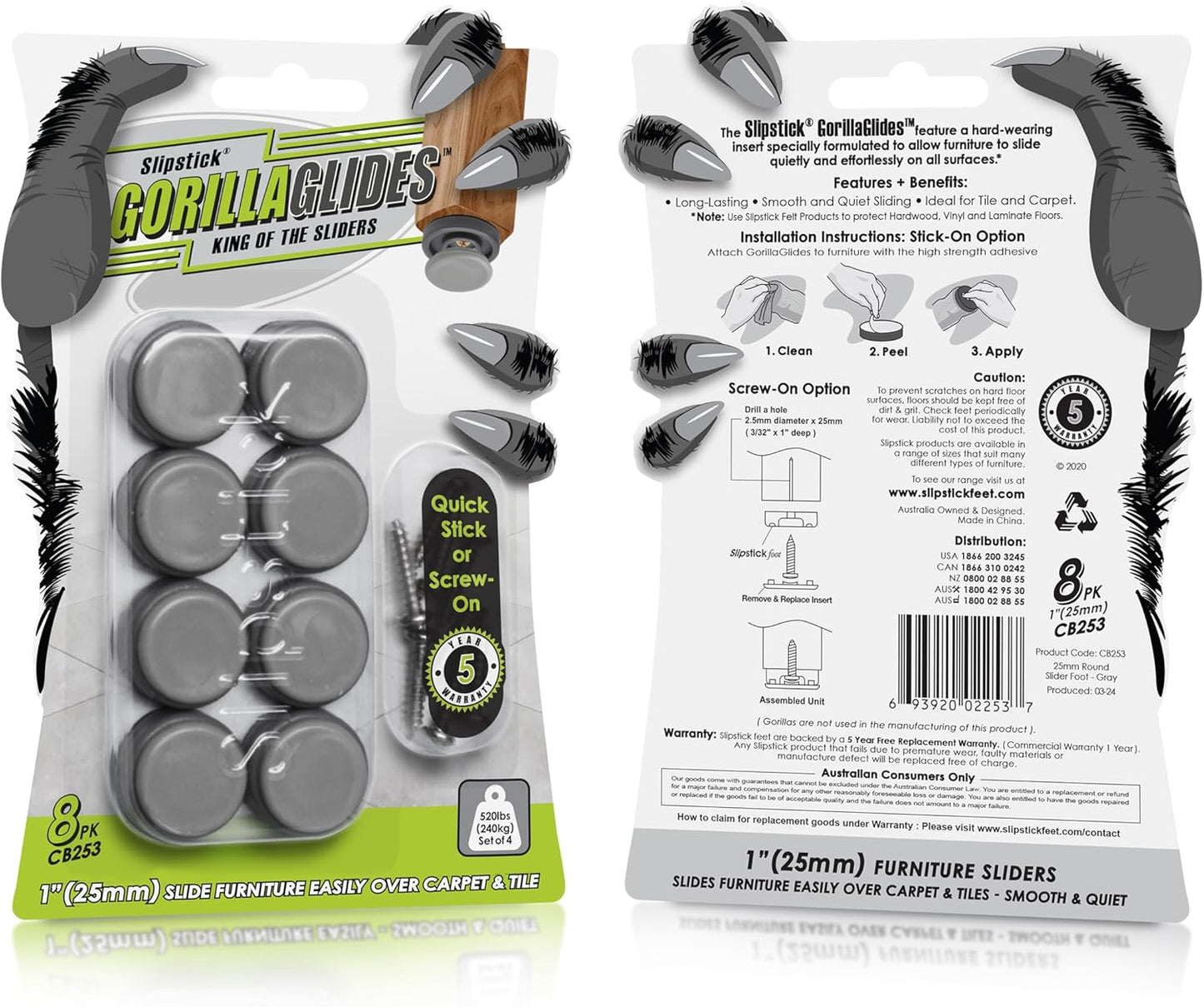 GorillaGlides CB253 1 Inch Chair Sliders/Furniture Glide Floor Protectors (Set of 8 Glides) Self-Adhesive Screw-On Glides, for Sliding on Hard Surface Floors and Low-Pile Carpet, Round