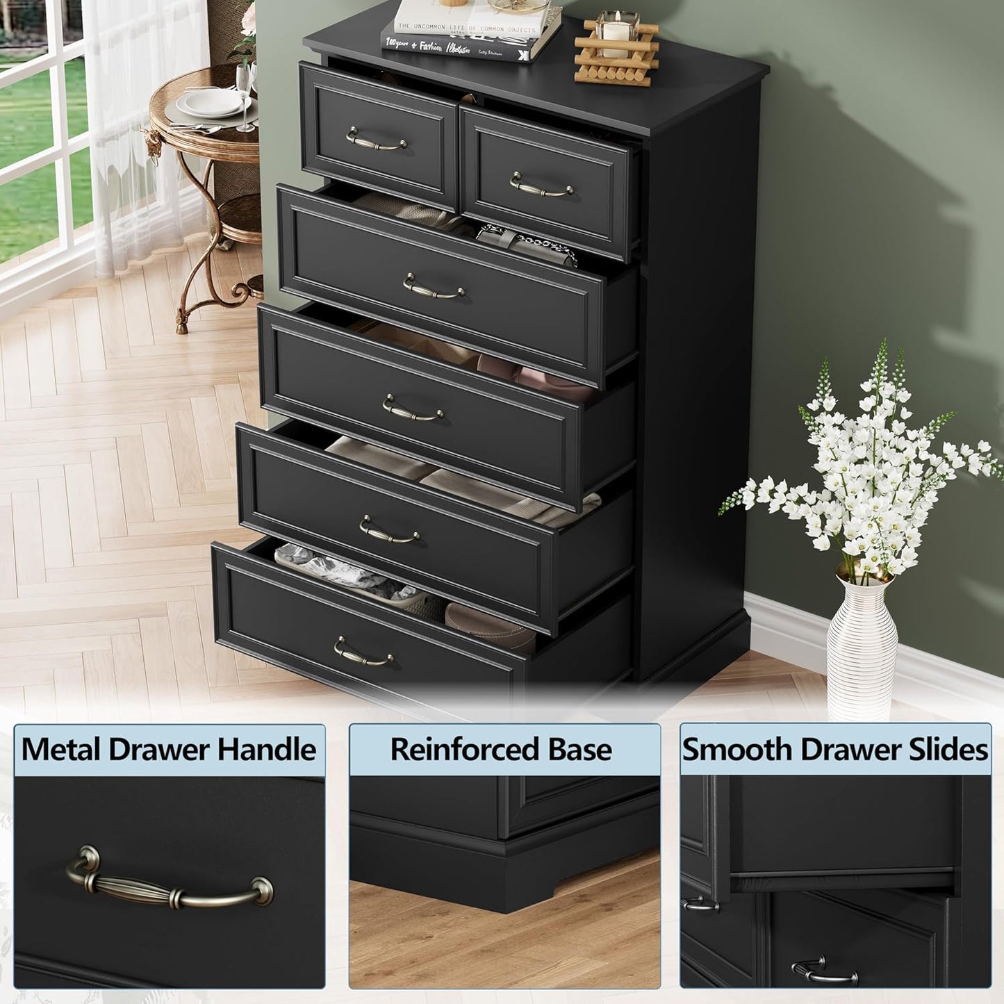 6 Drawer Dresser for Bedroom, 49" Tall Wooden Chest of Drawers, Rustic Farmhouse Dresser with Large Drawers & Metal Handles, Modern Storage Organizer for Closet, Living Room, Hallway, Black