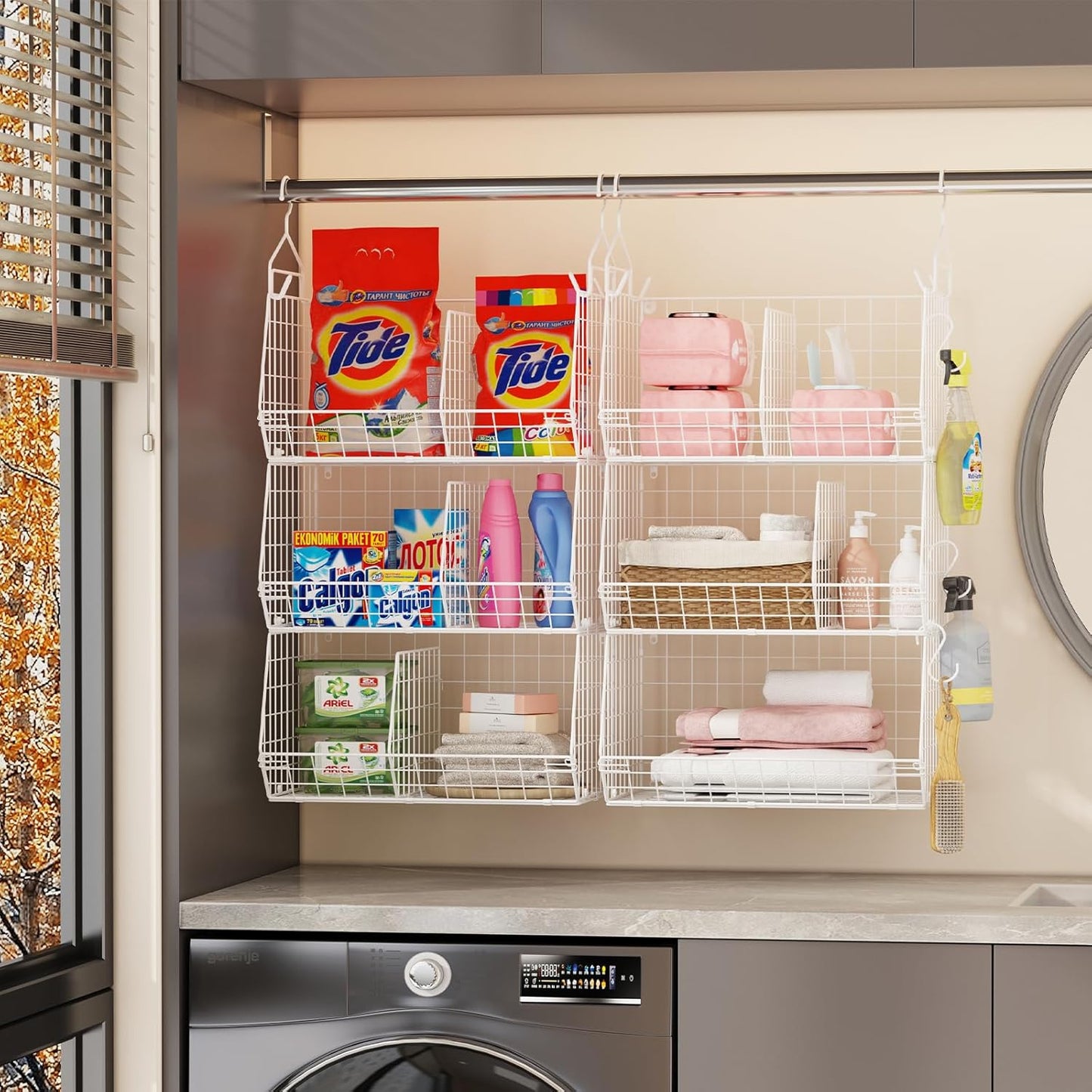 5 Tier Extra Large Closet Hanging Shelves with Divider,2 Pair Hook,16.5"L x 11.8"W x 51.4"H Closets Organizers and Storage,Clothes Organizer Clothing Sweaters Shoes Handbags Clutches Accessories-White