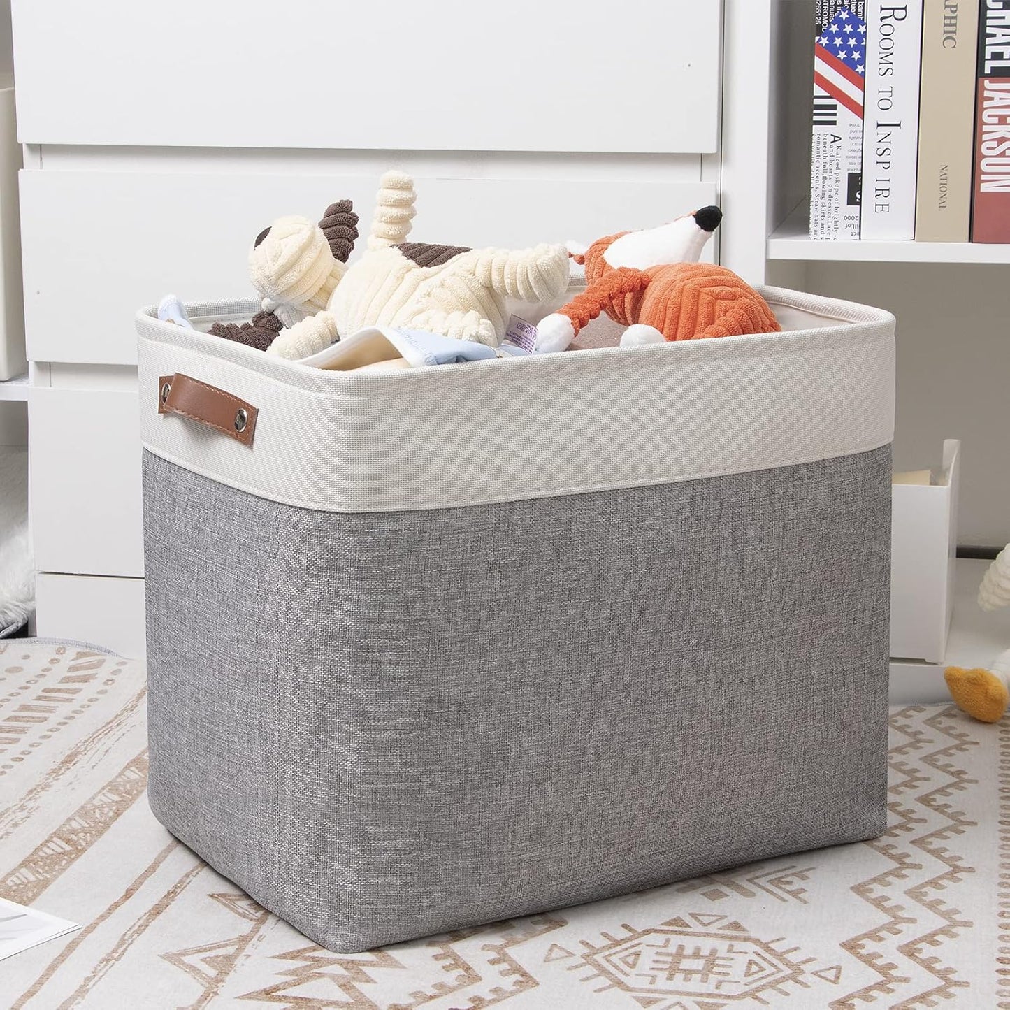 DULLEMELO Large Storage Baskets with Handles, Fabric Storage Bins for Organizing Clothes Toys Books, Canvas Storage Bin for Office Bedroom Closet Nursery Laundry Storage (White&Gray)