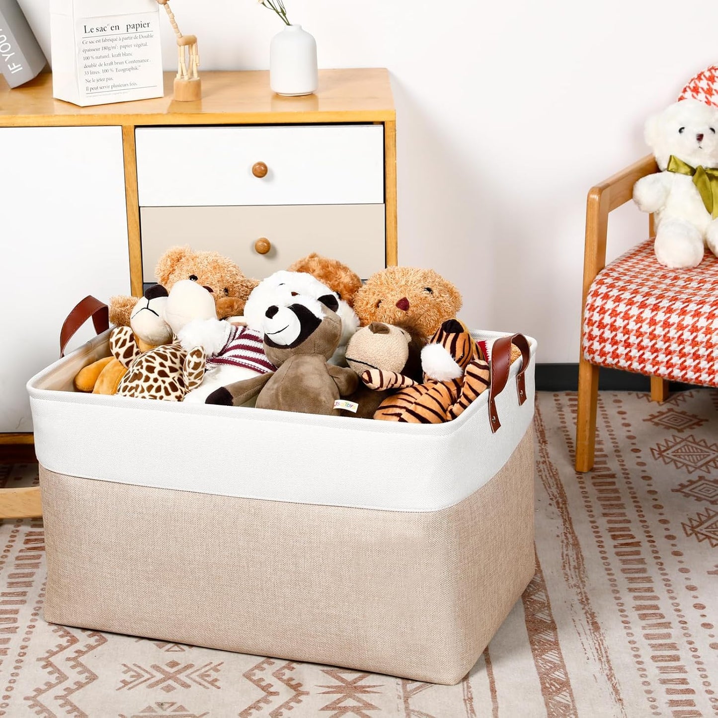 DULLEMELO 70L Extra Large Storage Bin, 22" x 15" x 13" Oversized Storage Basket, Collapsible Storage Box, Fabric Clothes Toys Blanket Basket for Shelves, Laundry, Nursery (White&Khaki)