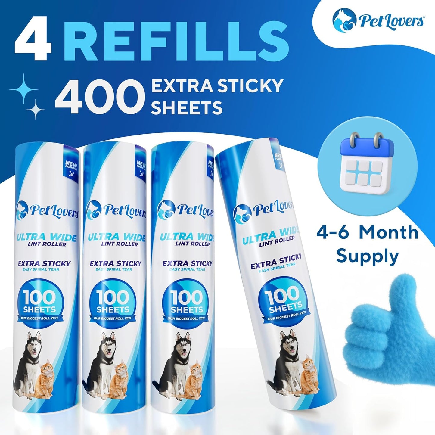 PetLovers Extra Sticky Floor Lint Roller 4 Pack of Refills Only - No Handles Included - 100 Sheets Per Refill 400 Sheets Total