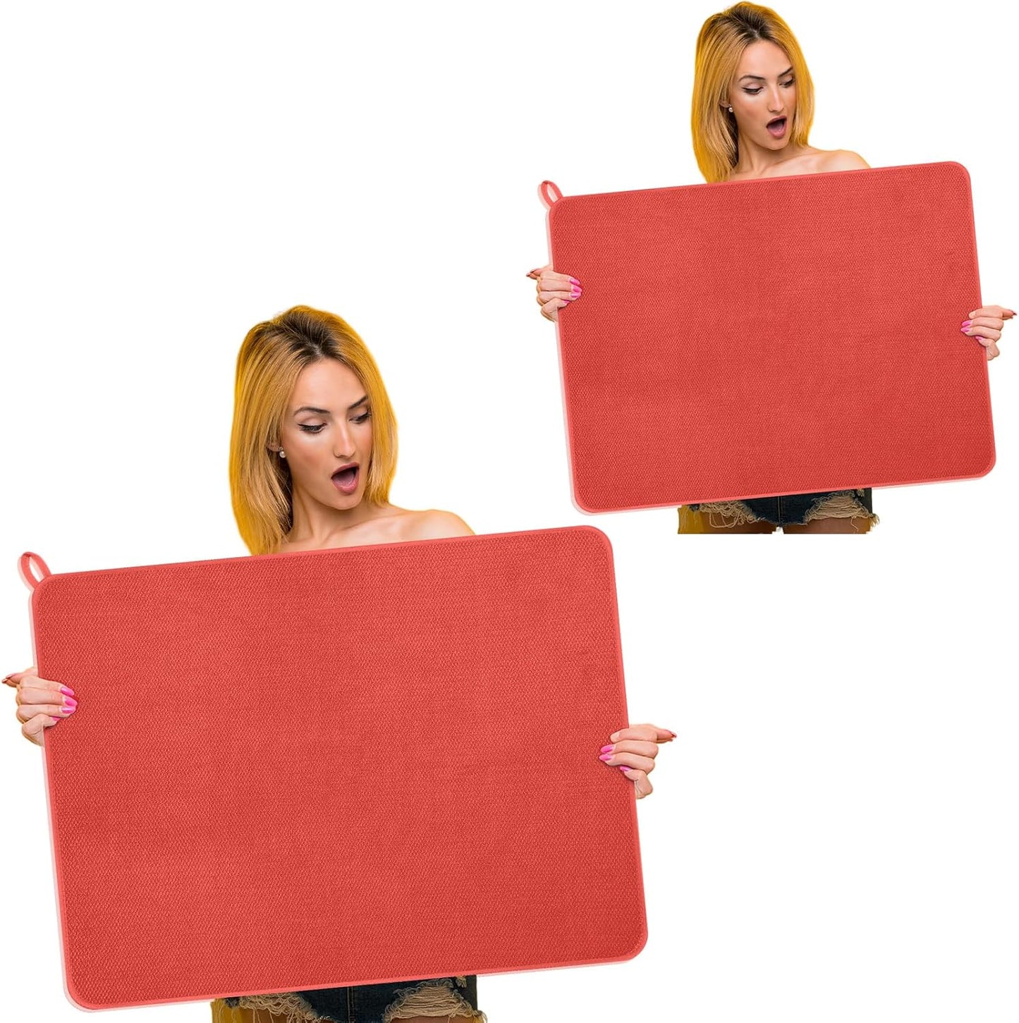 Hushee 2 Pack Extra Large Dish Drying Mat Microfiber Absorbent Dish Drying Pad Large Size Dishes Drainer Mats for Countertop, Sink, Refrigerator or Dryer (30 x 24 Inch,Red)