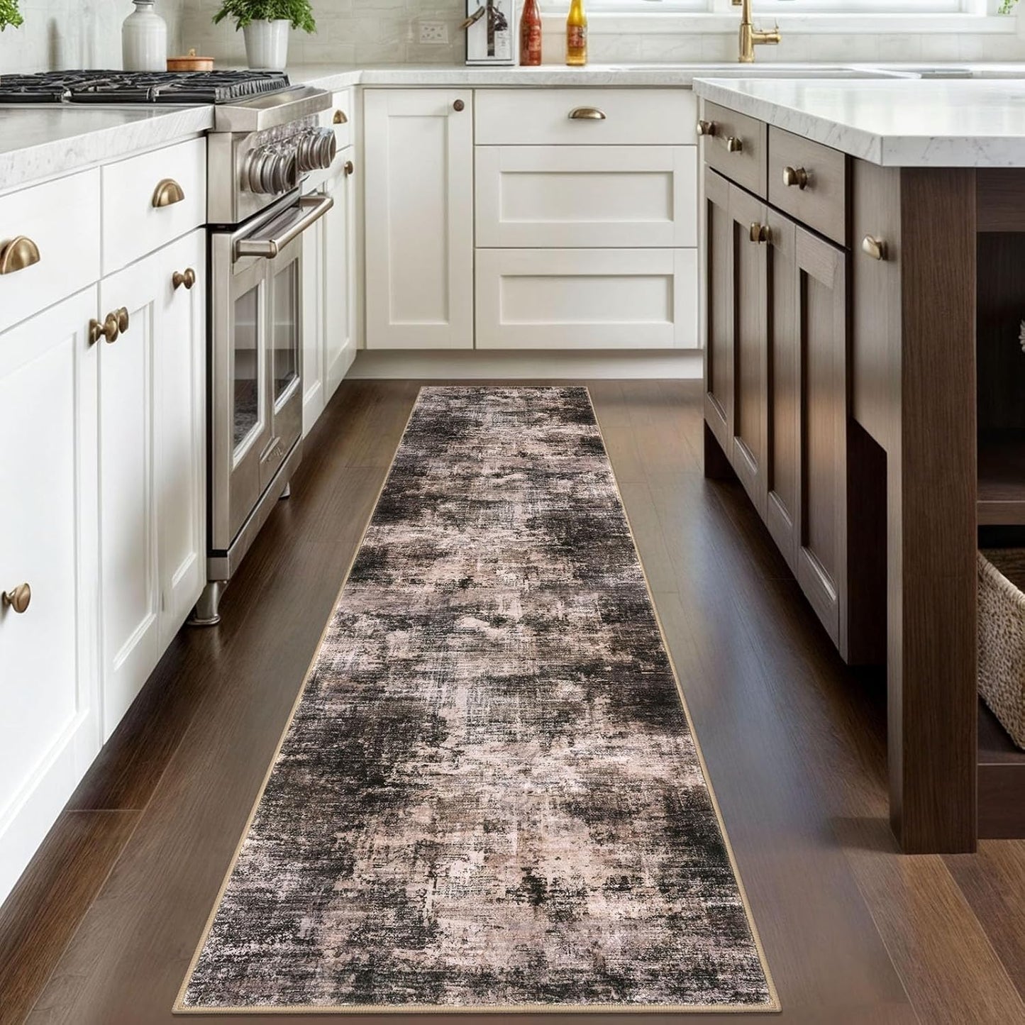 IOHOUZE Abstract Runner Rug 2x8 Ft Washable Runners for Hallways, Non Slip Kitchen Runner Printed Faux Wool Entryway Runner Indoor, Modern Abstract Floor Carpet for Hall Kitchen Bedroom, Brown/Rust