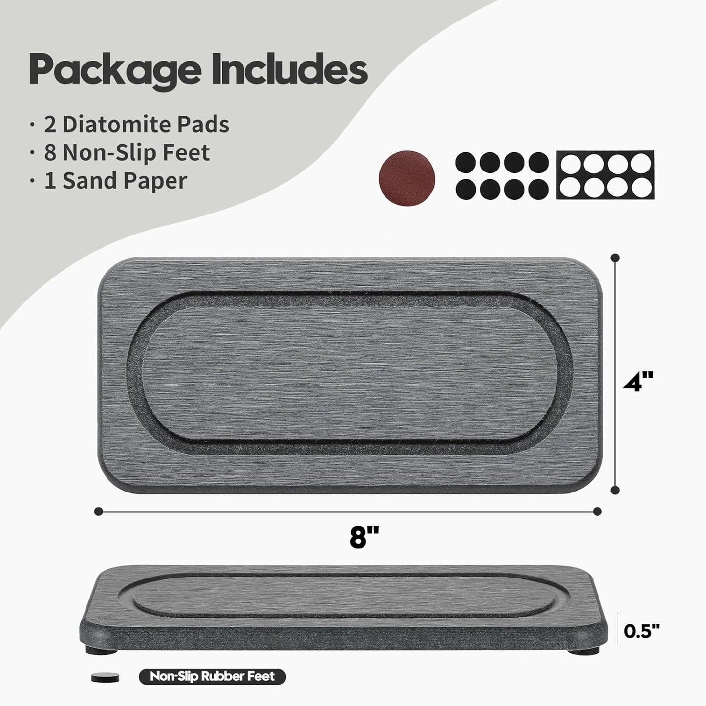 2Pack Diatomite Stone Coasters Water Absorbing Sink Tray for Kitchen & Bathroom Counter, Quick Dry Soap Dish Vanity Caddy, Dispenser Sponge Holder Space Organizer, Dark Gray - 8"x 3.8"