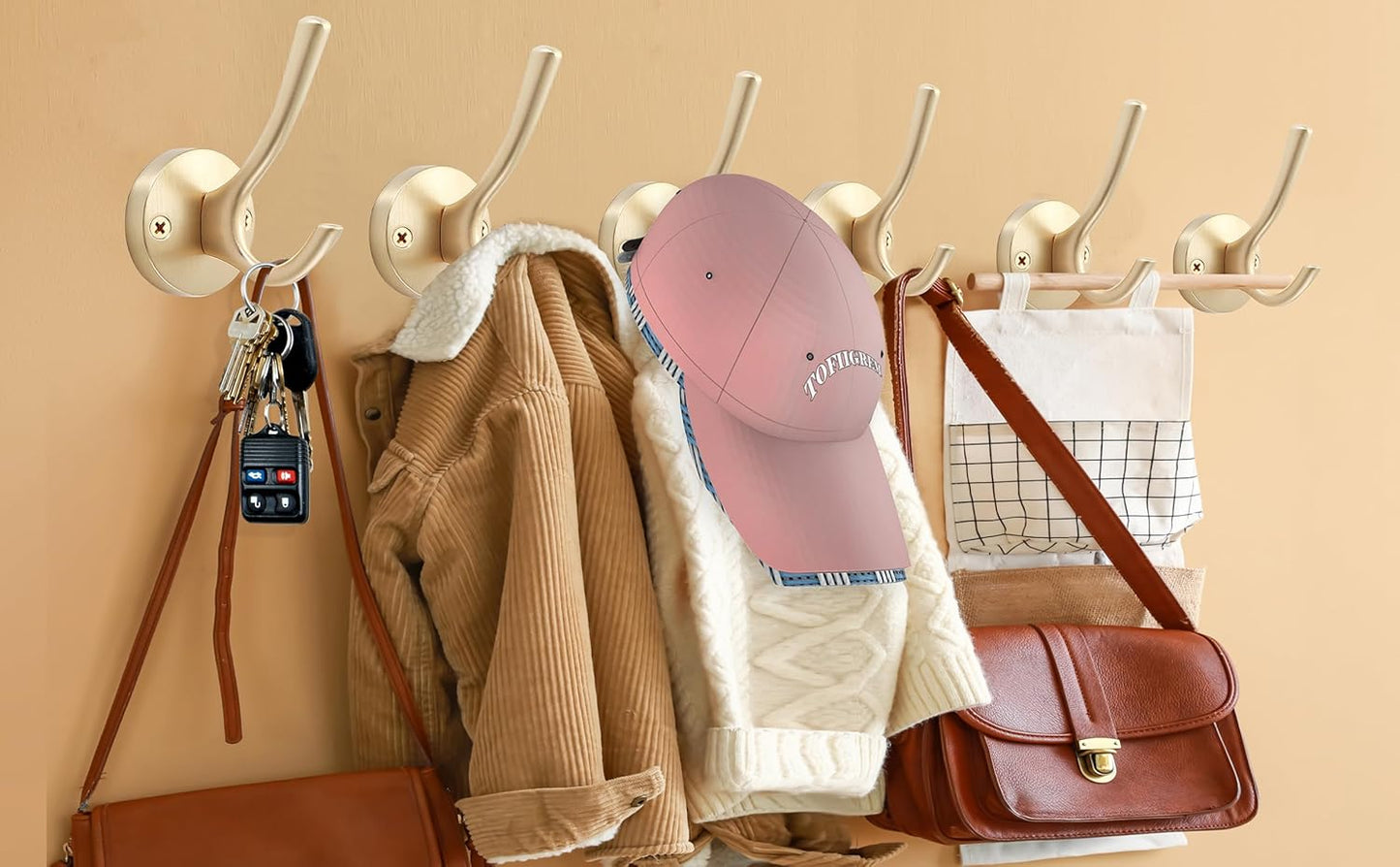 Gold Wall Hooks, 6 Pack Coat Robe Hook Heavy Duty Metal Double Bath Hook Wall Mounted, Hand Towel Hooks for Cubicle Bathroom Kitchen Closet Garage