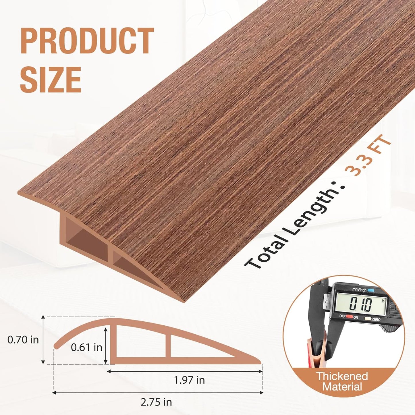 Floor Transition Strip Self Adhesive Vinyl Door Threshold for Doorways Carpet Edging Trim Overlap Edge Reducer for Laminate Floor, Carpet, Tile (Light Brown Wood Grain, 2/5" to 3/5", 3.3Ft)