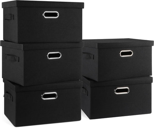 Medium 15" 21 Quart Collapsible Stackable Storage Bins with Lids, 5 Packs Black Foldable Fabric Closet Storage Boxes with Lids, Lidded Heavy-duty Linen Baskets(15x11x8)