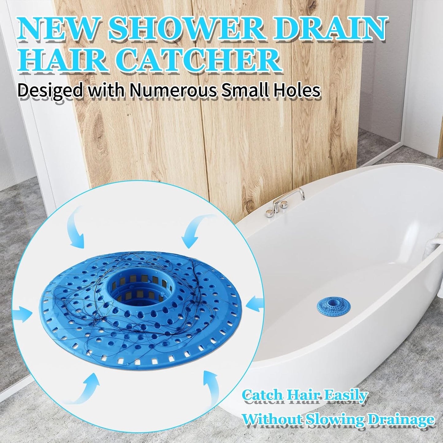 Shower Hair Drain Catcher, Silicone Bathtub Drain Hair Catcher Strainer, All-in-one Tub Hair Catcher Drain Protector for 1.48'' to 1.76'' Regular Drains, 3PCS/Blue