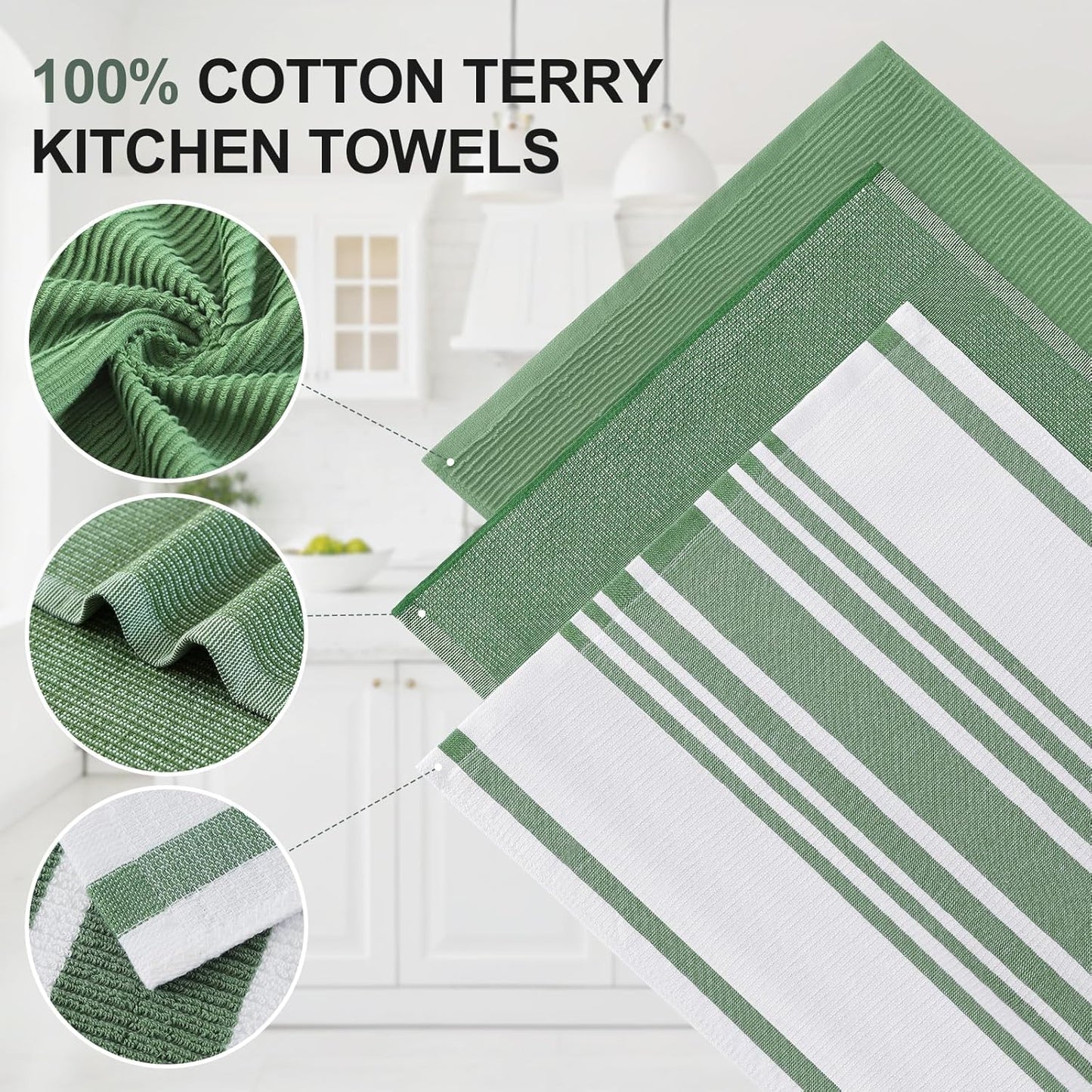 Homaxy Premium Kitchen Towels(18”x 28”, 12 Pack), Large Cotton 380 GSM Kitchen Hand Towels, Soft and Absorbent Terry Dish Towels, Multipurpose Tea Towel Set with Hanging Loop, Grass Green